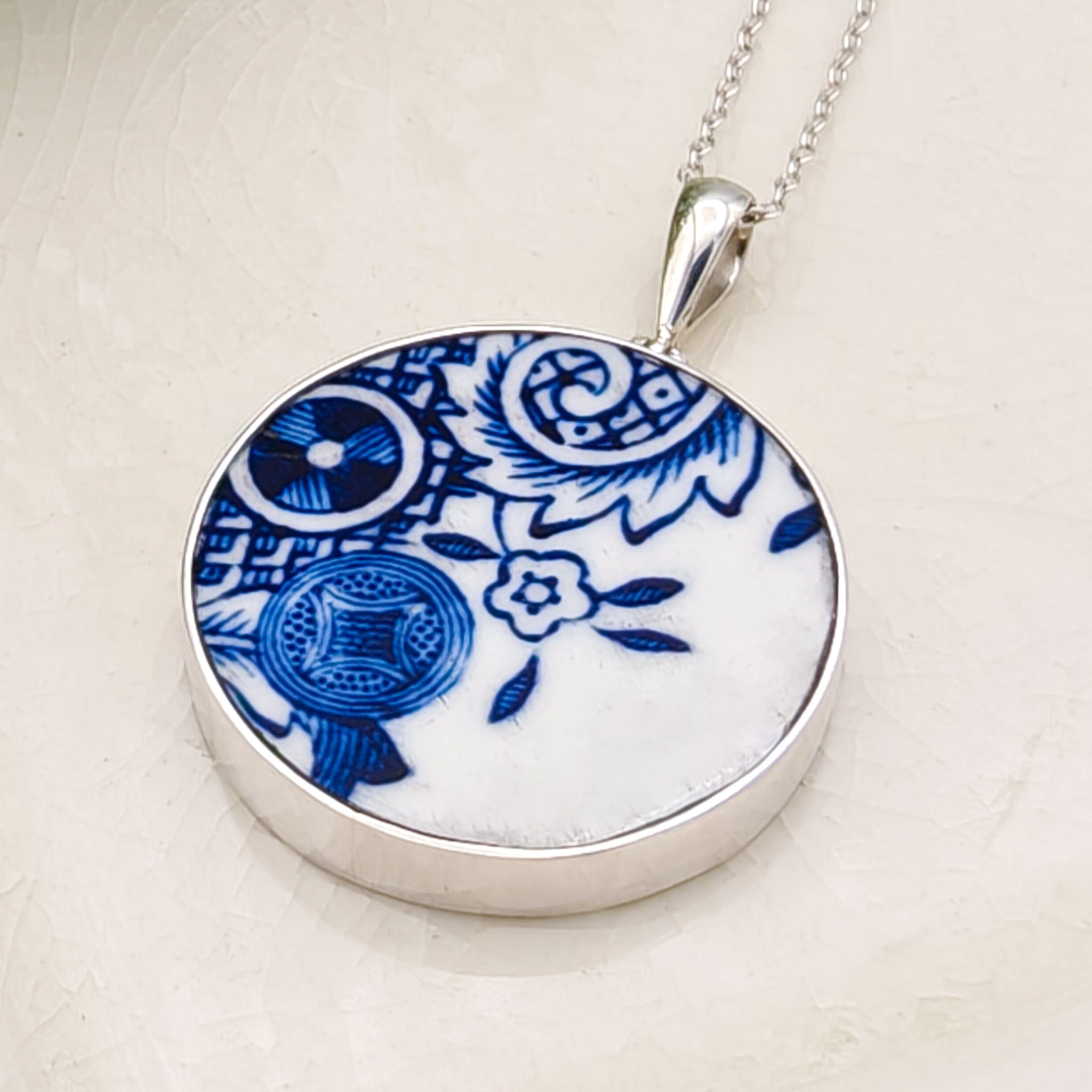 Hepburn and Hughes Minton Pottery Ceramic Pendant | Upcycled Blue Willow | 27mm Circle | Sterling Silver