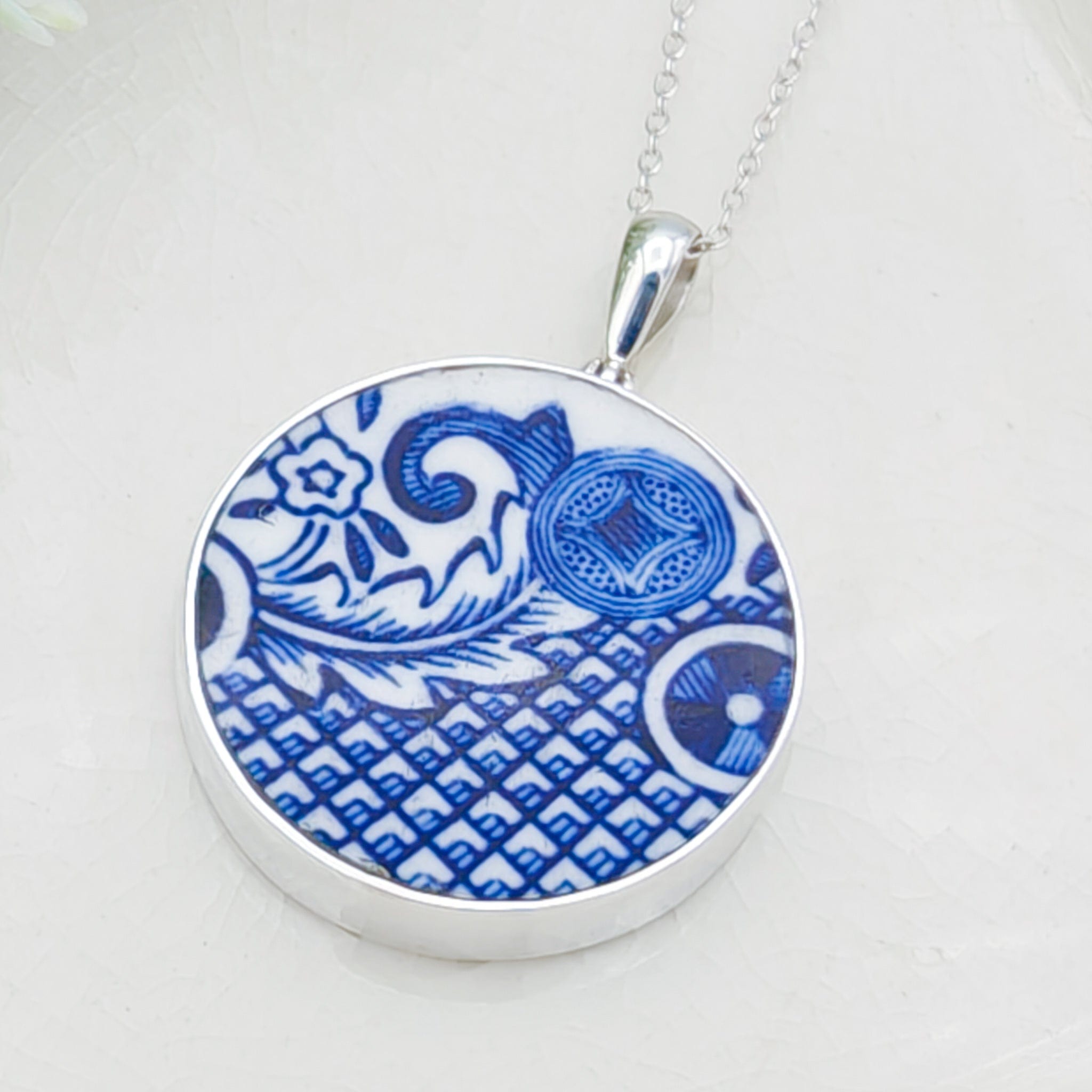 Hepburn and Hughes Minton Pottery Ceramic Pendant | Upcycled Blue Willow | 27mm Circle | Sterling Silver