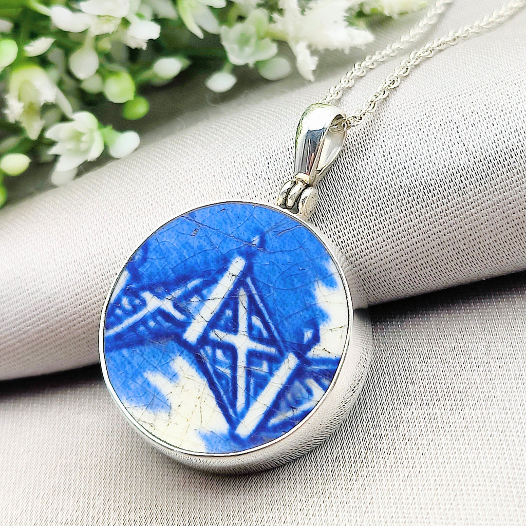 Hepburn and Hughes Minton Pottery Ceramic Pendant | Upcycled Blue Willow | 27mm Circle | Sterling Silver