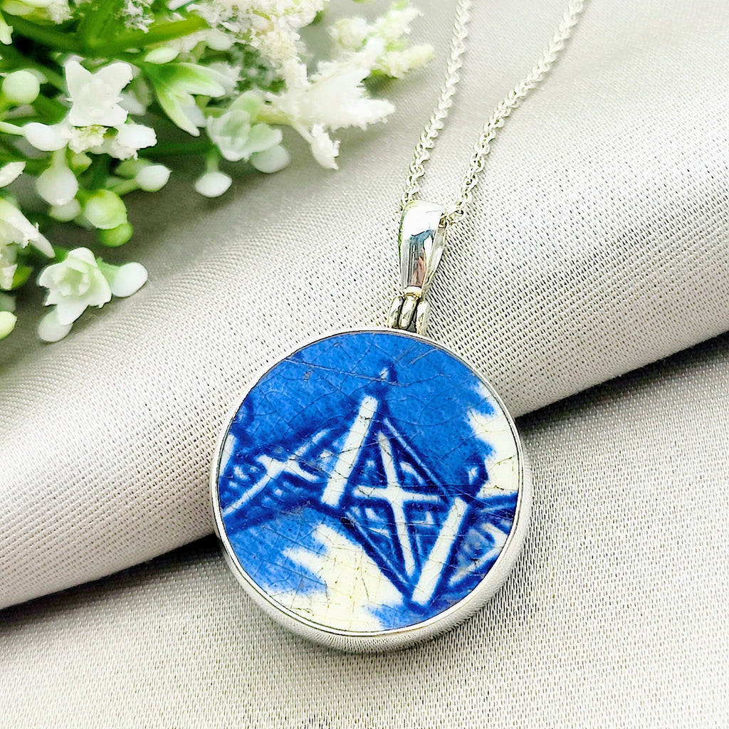 Hepburn and Hughes Minton Pottery Ceramic Pendant | Upcycled Blue Willow | 27mm Circle | Sterling Silver