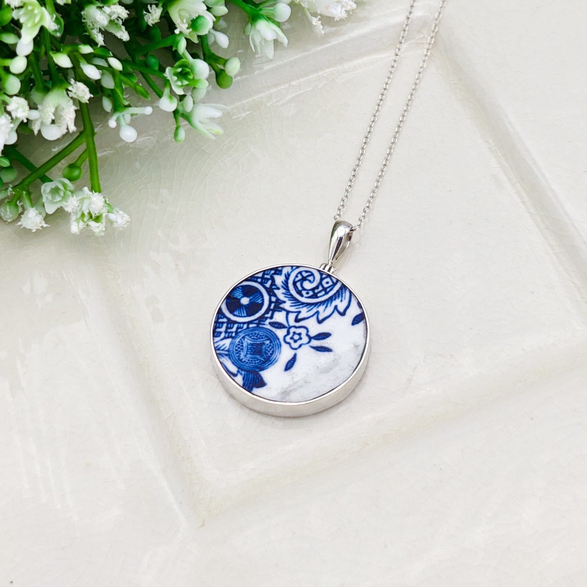 Hepburn and Hughes Minton Pottery Ceramic Pendant | Upcycled Blue Willow | 27mm Circle | Sterling Silver