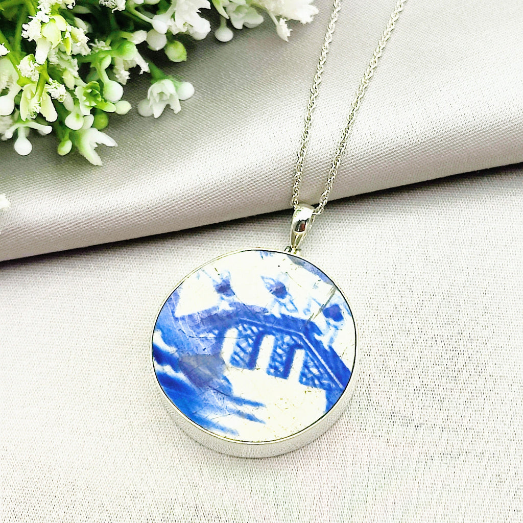 Hepburn and Hughes Minton Pottery Ceramic Pendant | Upcycled Blue Willow | 38mm Circle | Sterling Silver