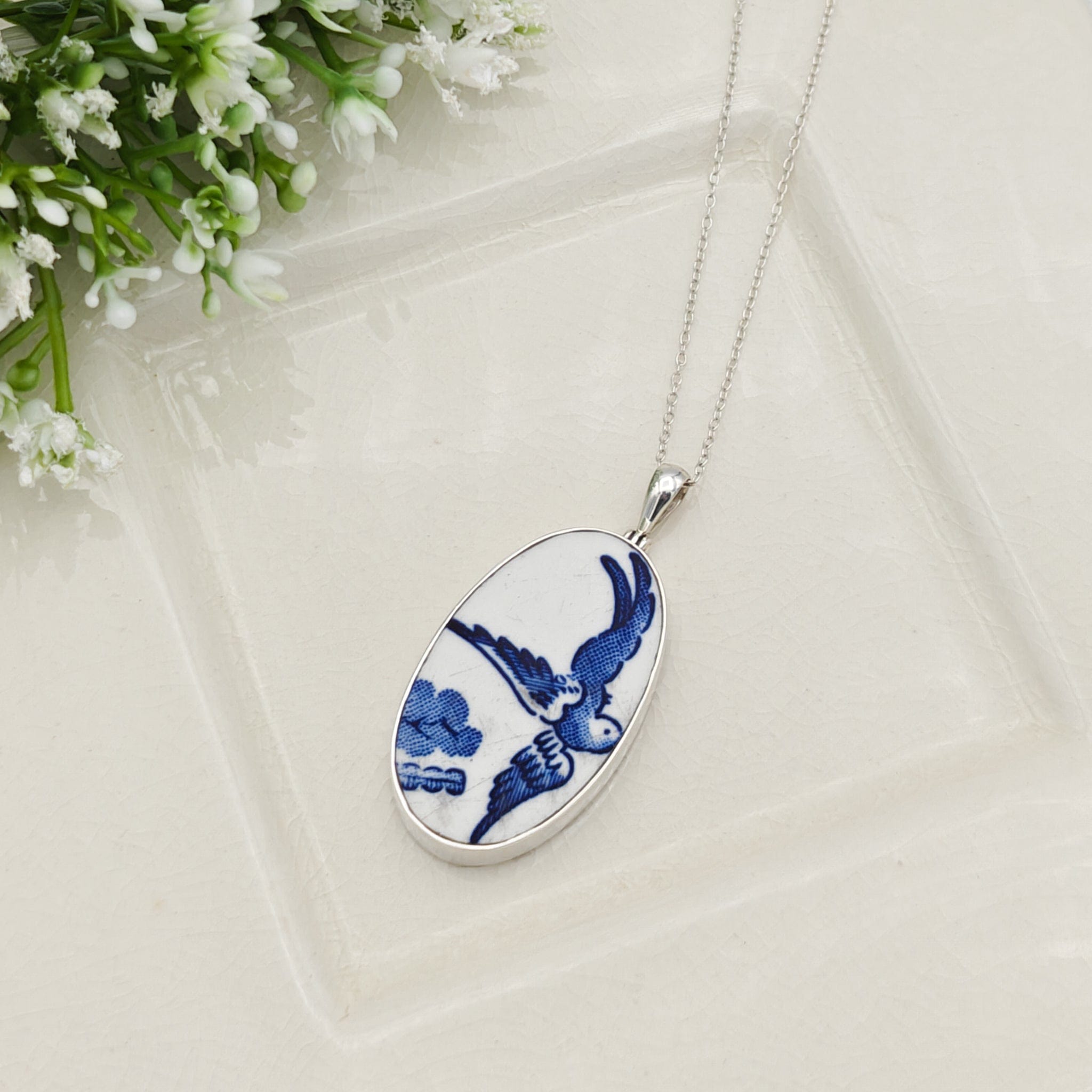 Hepburn and Hughes Minton Pottery Ceramic Pendant | Upcycled Blue Willow | 40mm Oval | Sterling Silver