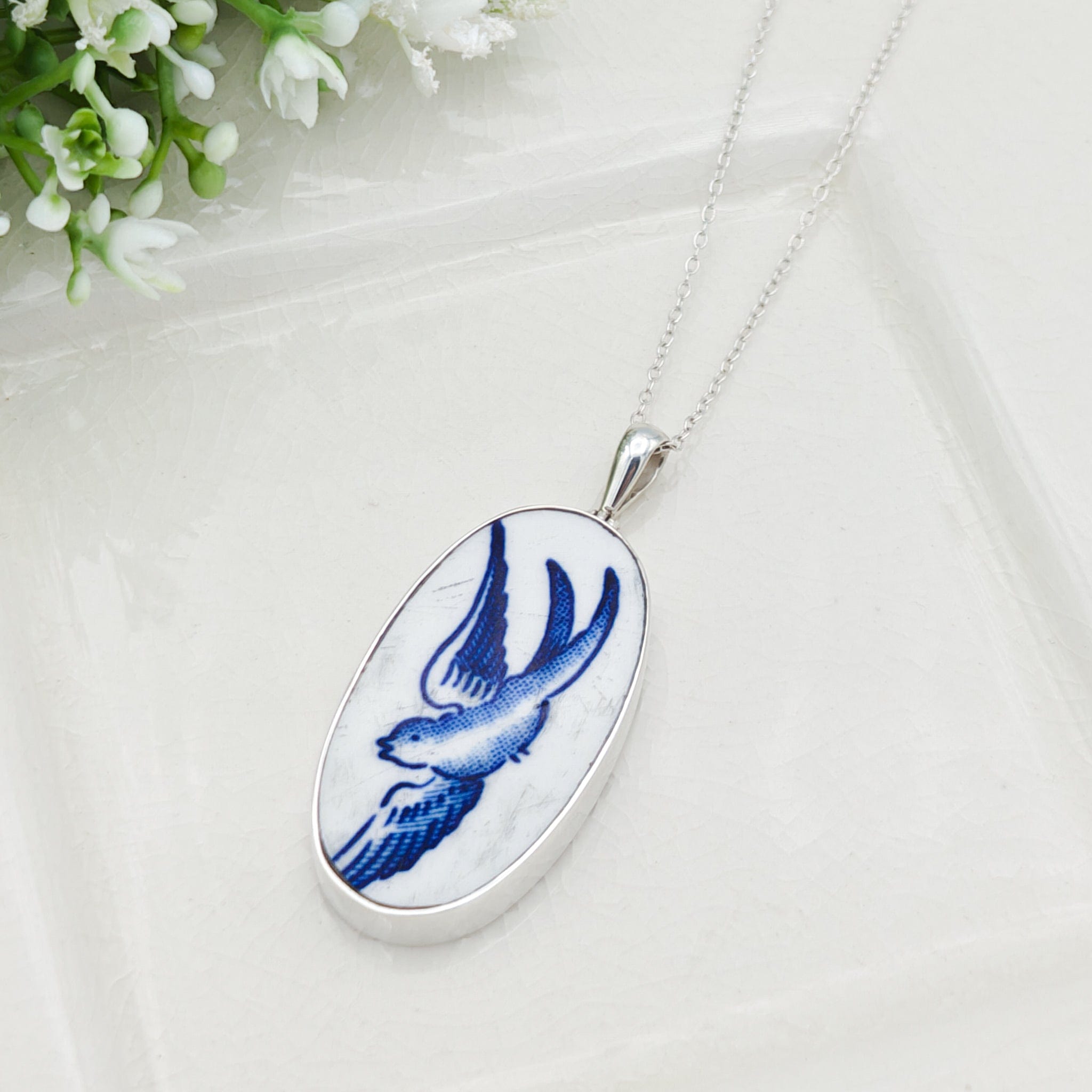 Hepburn and Hughes Minton Pottery Ceramic Pendant | Upcycled Blue Willow | 40mm Oval | Sterling Silver