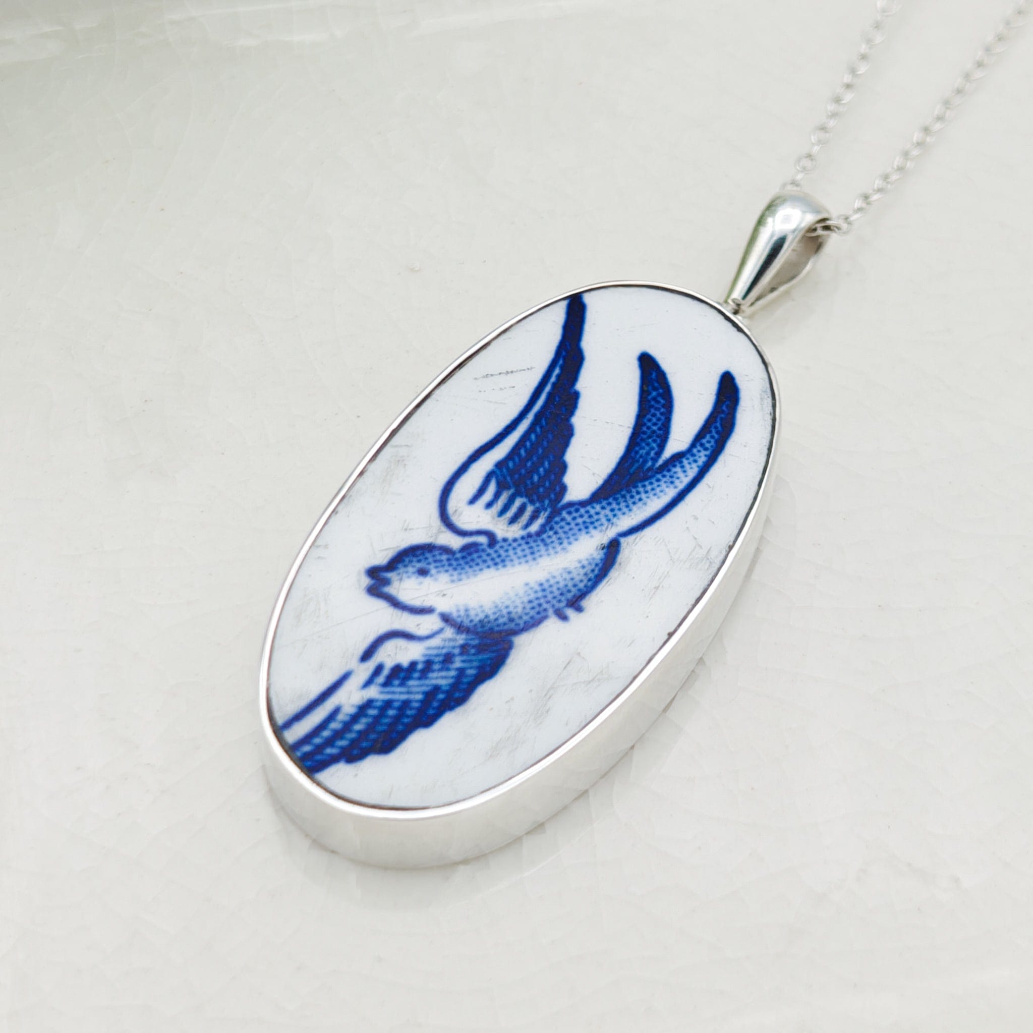 Hepburn and Hughes Minton Pottery Ceramic Pendant | Upcycled Blue Willow | 40mm Oval | Sterling Silver
