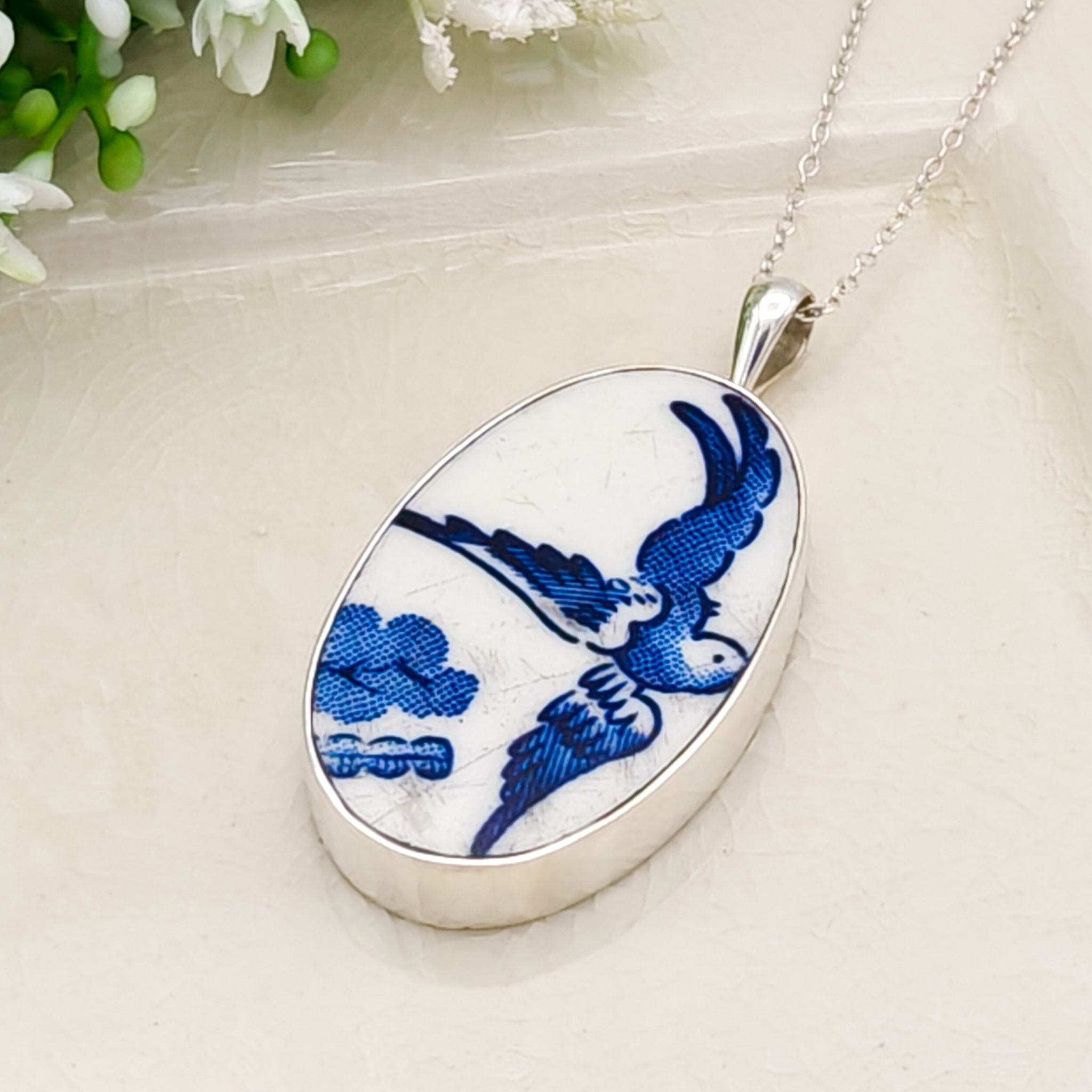 Hepburn and Hughes Minton Pottery Ceramic Pendant | Upcycled Blue Willow | 40mm Oval | Sterling Silver