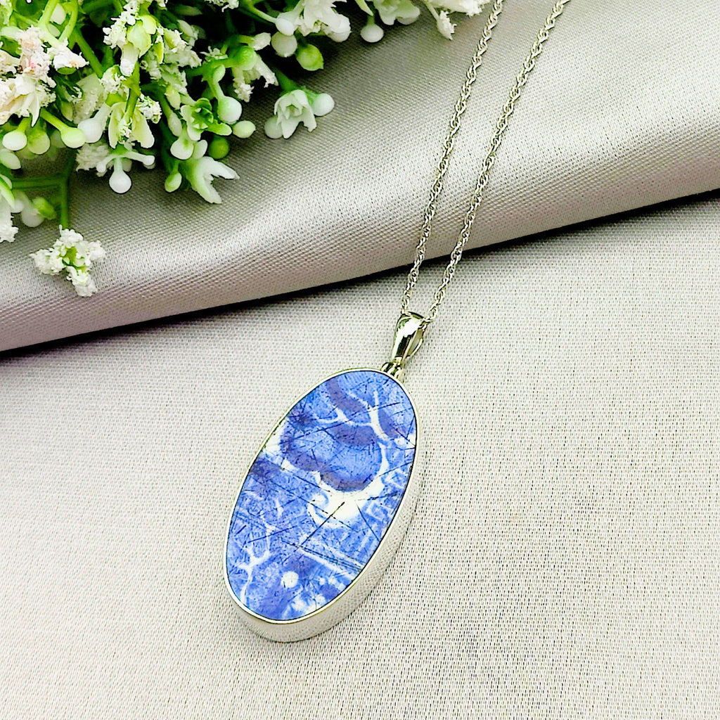 Hepburn and Hughes Minton Pottery Ceramic Pendant | Upcycled Blue Willow | 40mm Oval | Sterling Silver