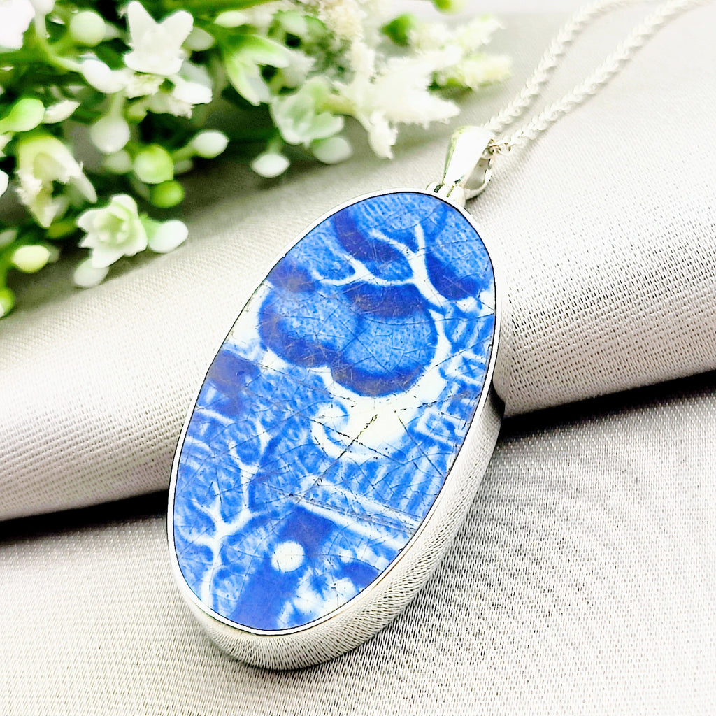 Hepburn and Hughes Minton Pottery Ceramic Pendant | Upcycled Blue Willow | 40mm Oval | Sterling Silver