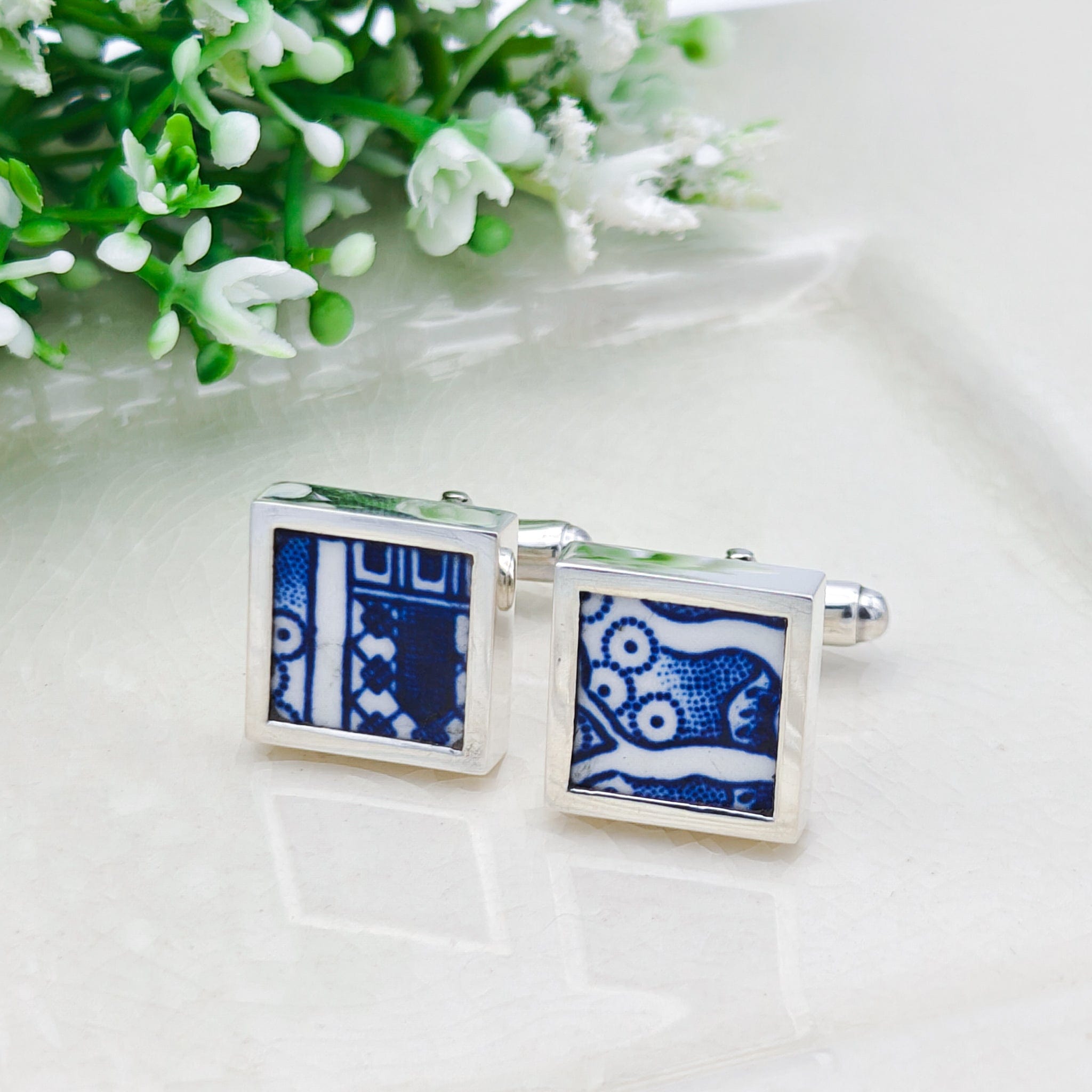 Hepburn and Hughes Minton Pottery Cufflinks | Willow Pattern |  9th Anniversary | Sterling Silver