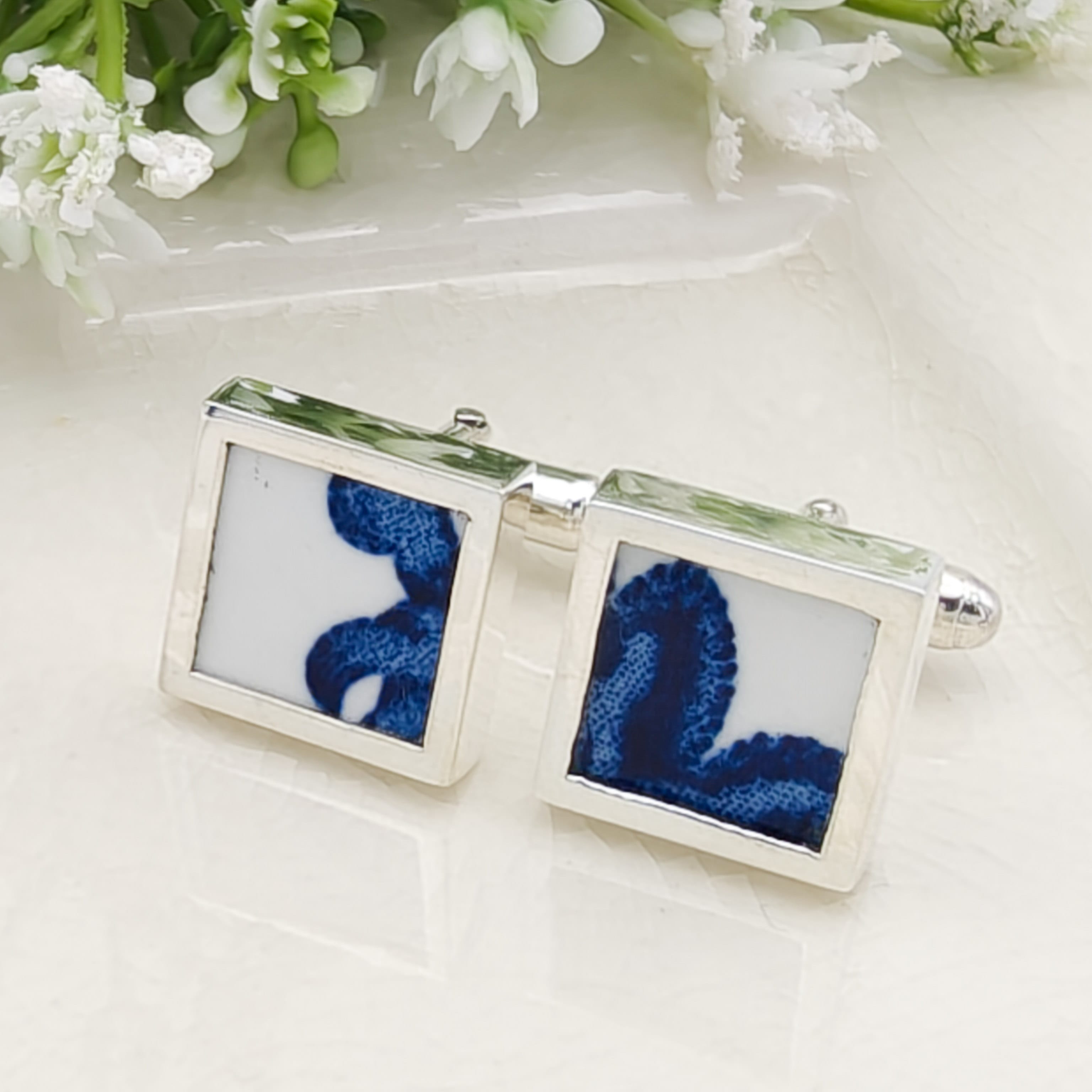 Hepburn and Hughes Minton Pottery Cufflinks | Willow Pattern |  9th Anniversary | Sterling Silver
