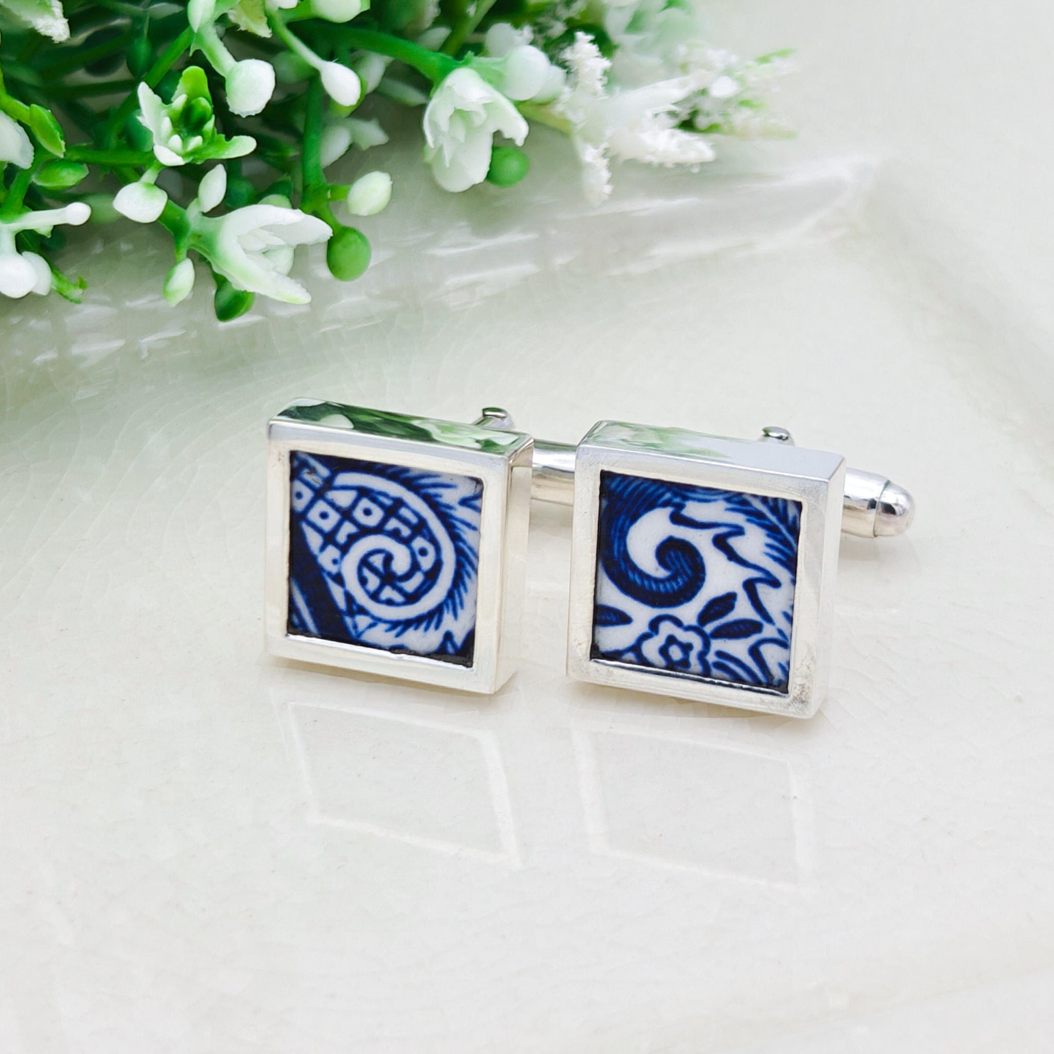 Hepburn and Hughes Minton Pottery Cufflinks | Willow Pattern |  9th Anniversary | Sterling Silver