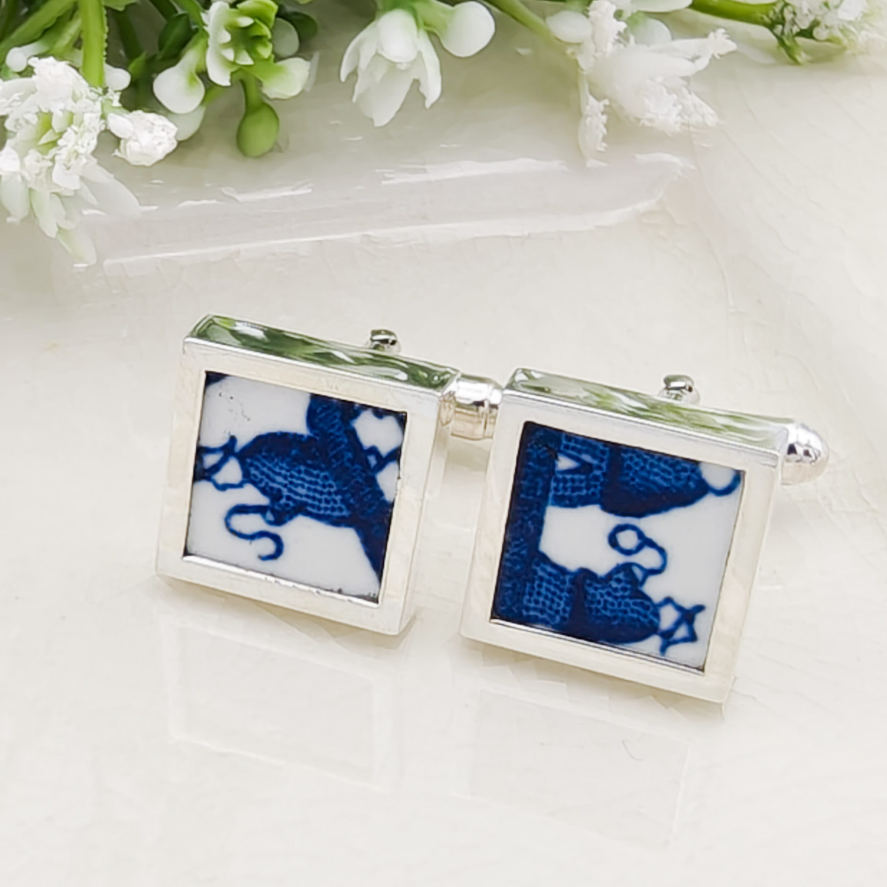Hepburn and Hughes Minton Pottery Cufflinks | Willow Pattern |  9th Anniversary | Sterling Silver