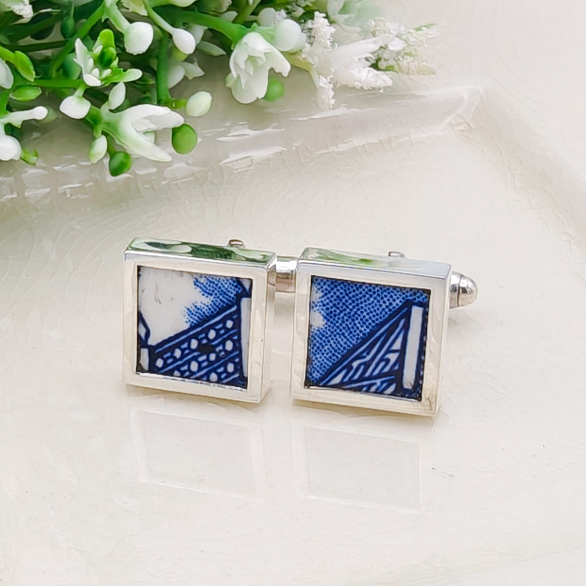 Hepburn and Hughes Minton Pottery Cufflinks | Willow Pattern |  9th Anniversary | Sterling Silver