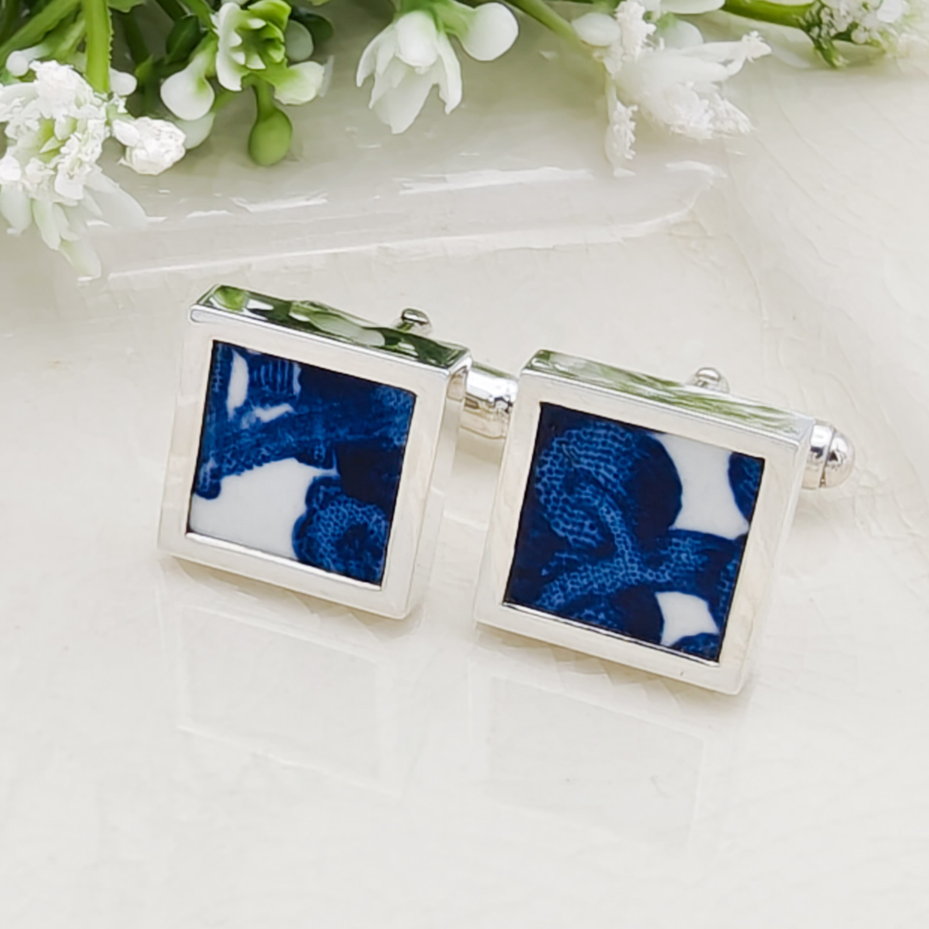 Hepburn and Hughes Minton Pottery Cufflinks | Willow Pattern |  9th Anniversary | Sterling Silver
