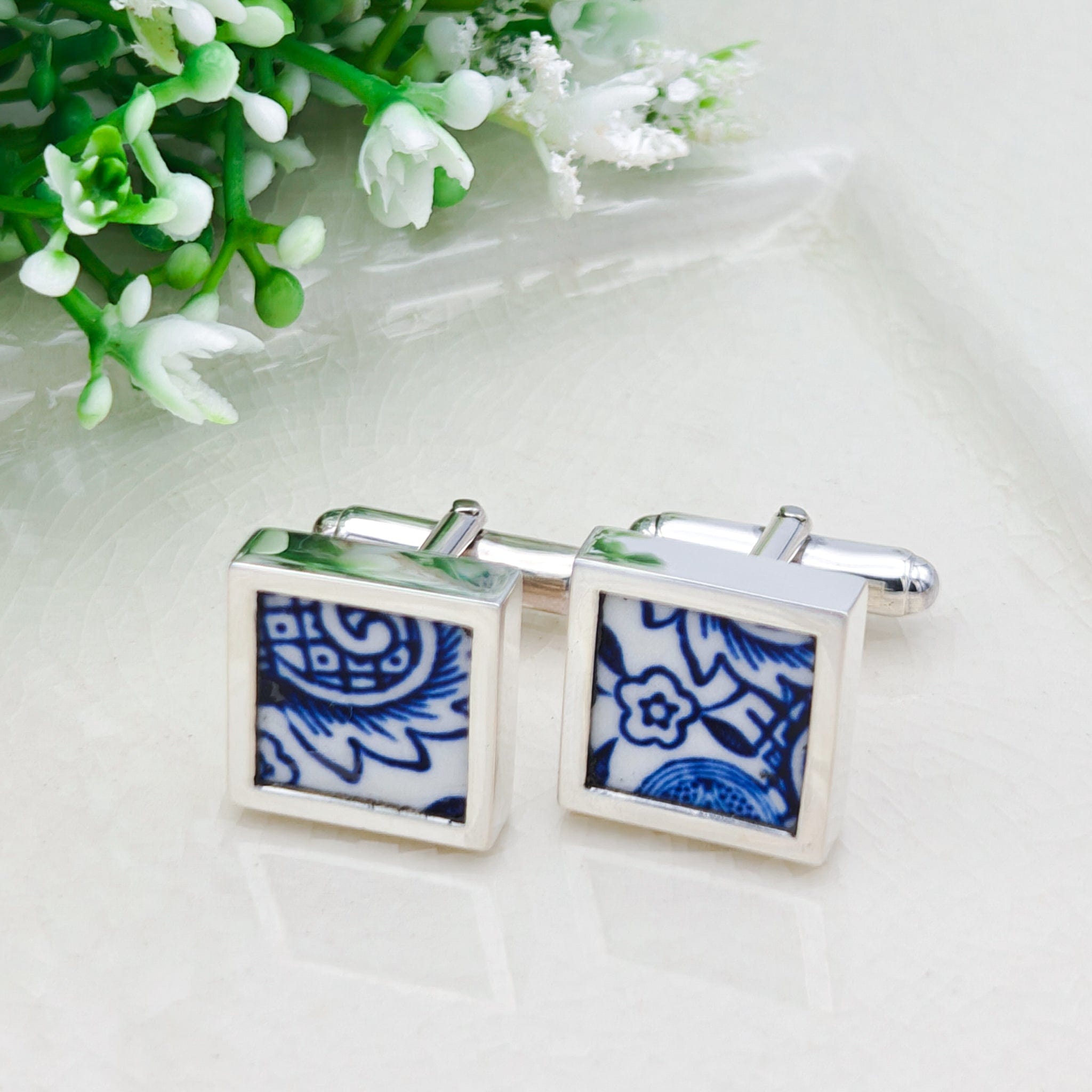 Hepburn and Hughes Minton Pottery Cufflinks | Willow Pattern |  9th Anniversary | Sterling Silver