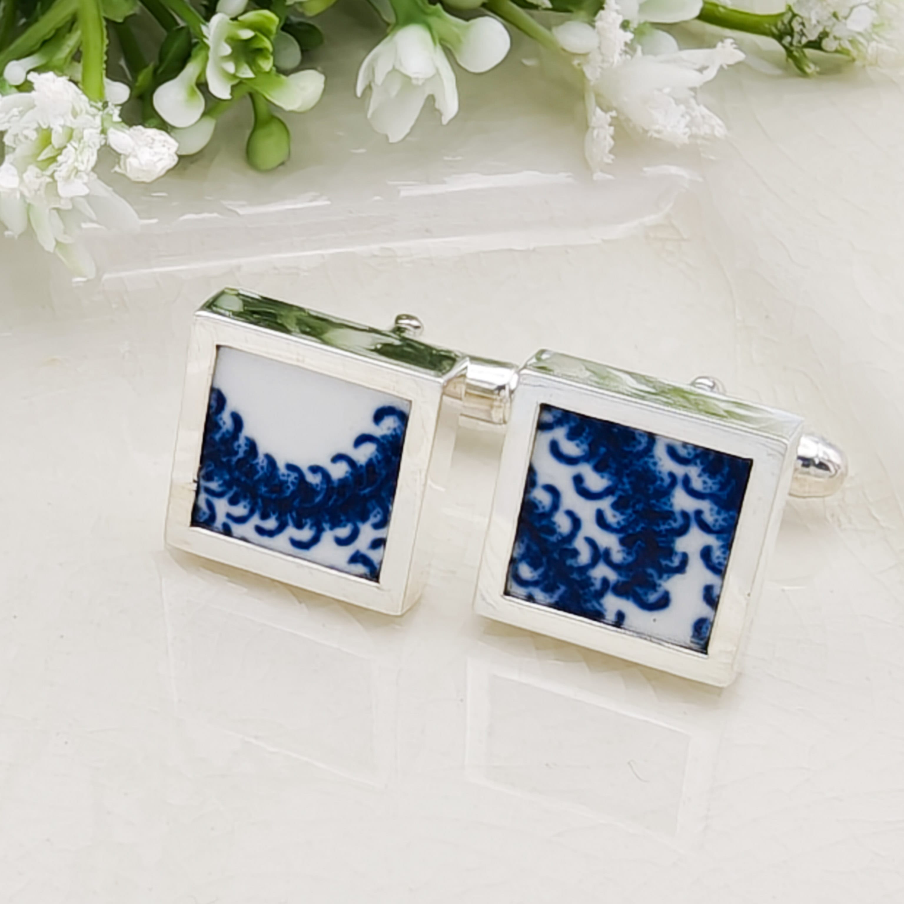 Hepburn and Hughes Minton Pottery Cufflinks | Willow Pattern |  9th Anniversary | Sterling Silver