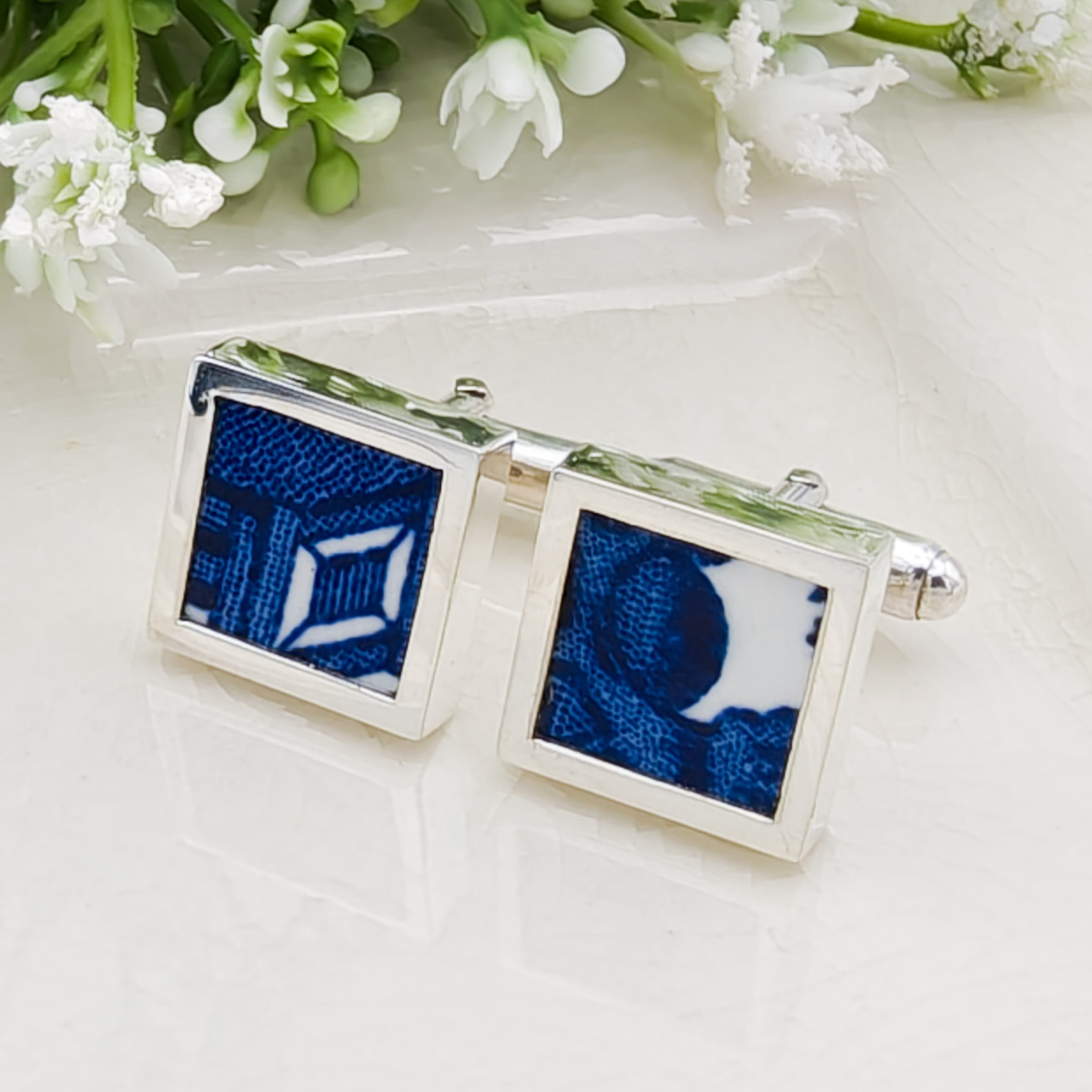 Hepburn and Hughes Minton Pottery Cufflinks | Willow Pattern | 9th Wedding Anniversary | Sterling Silver