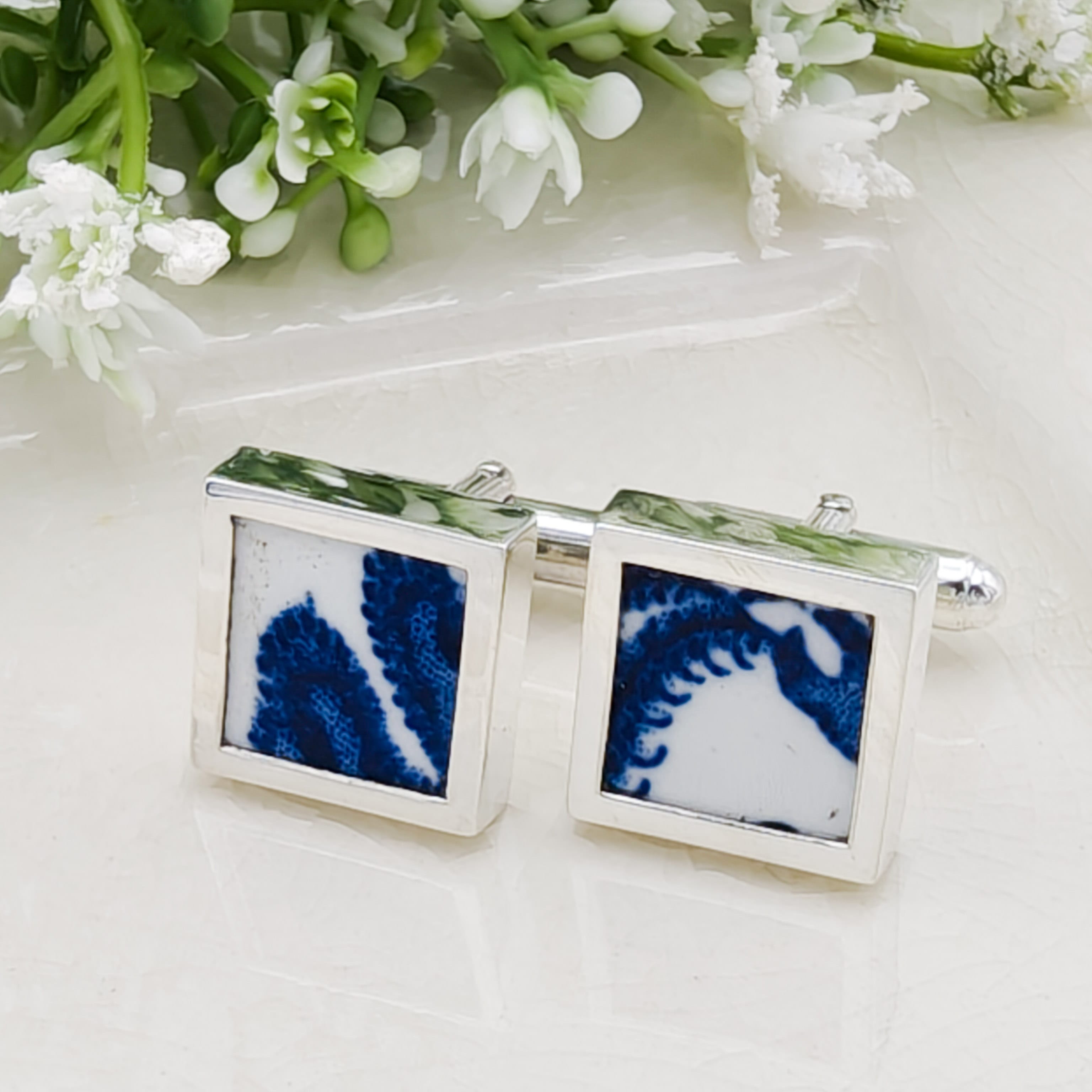 Hepburn and Hughes Minton Pottery Cufflinks | Willow Pattern | 9th Wedding Anniversary | Sterling Silver