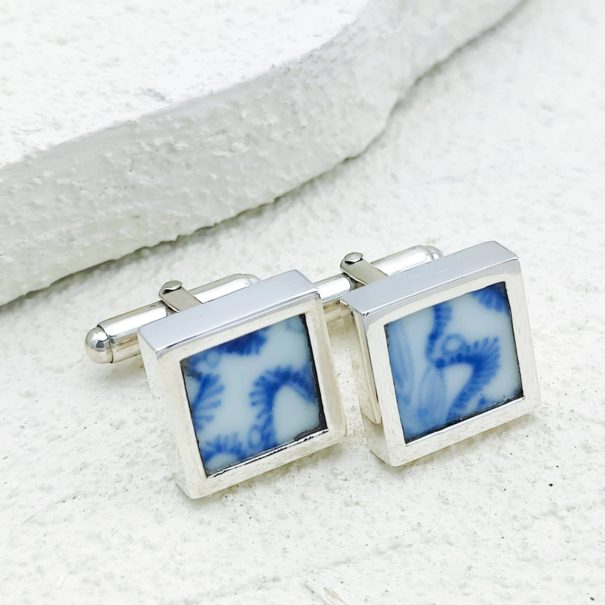Hepburn and Hughes Minton Pottery Cufflinks | Willow Pattern | 9th Wedding Anniversary | Sterling Silver