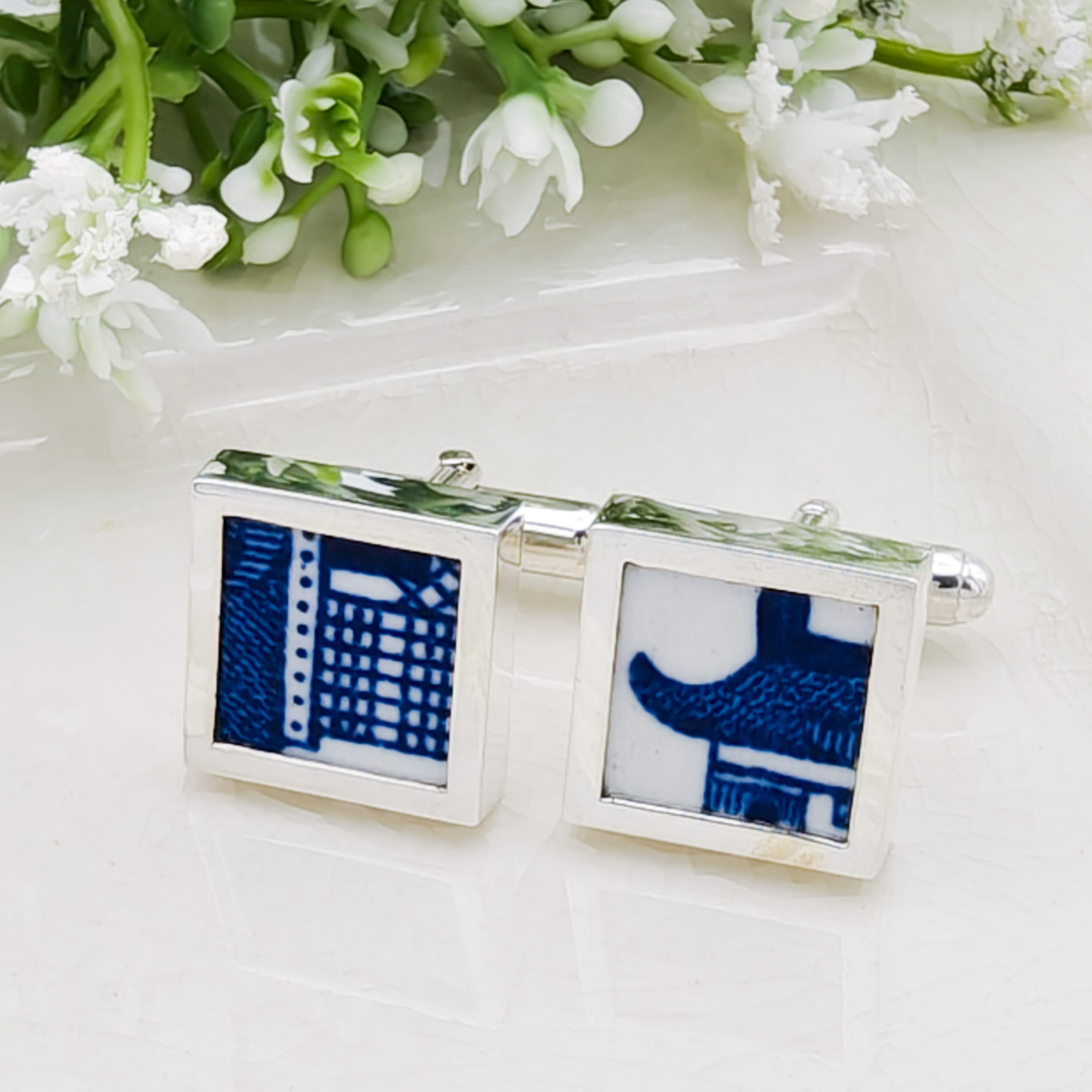 Hepburn and Hughes Minton Pottery Cufflinks | Willow Pattern | 9th Wedding Anniversary | Sterling Silver