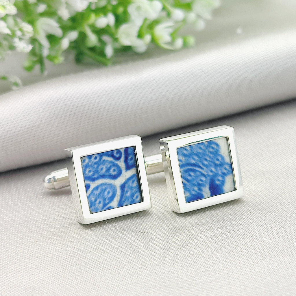 Hepburn and Hughes Minton Pottery Cufflinks | Willow Pattern | Square Cuff Links 15mm x 15mm | Sterling Silver