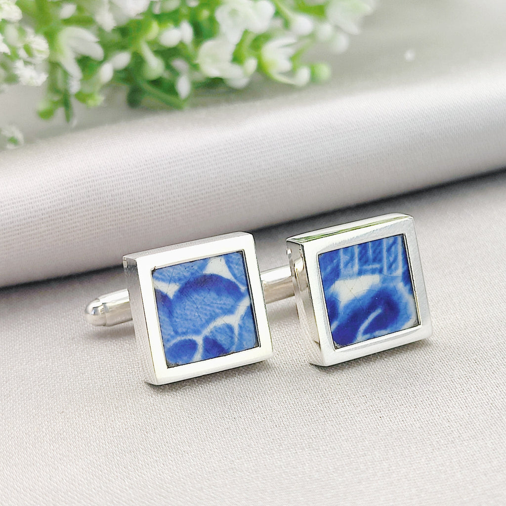 Hepburn and Hughes Minton Pottery Cufflinks | Willow Pattern | Tree | 15mm x 15mm | Sterling Silver