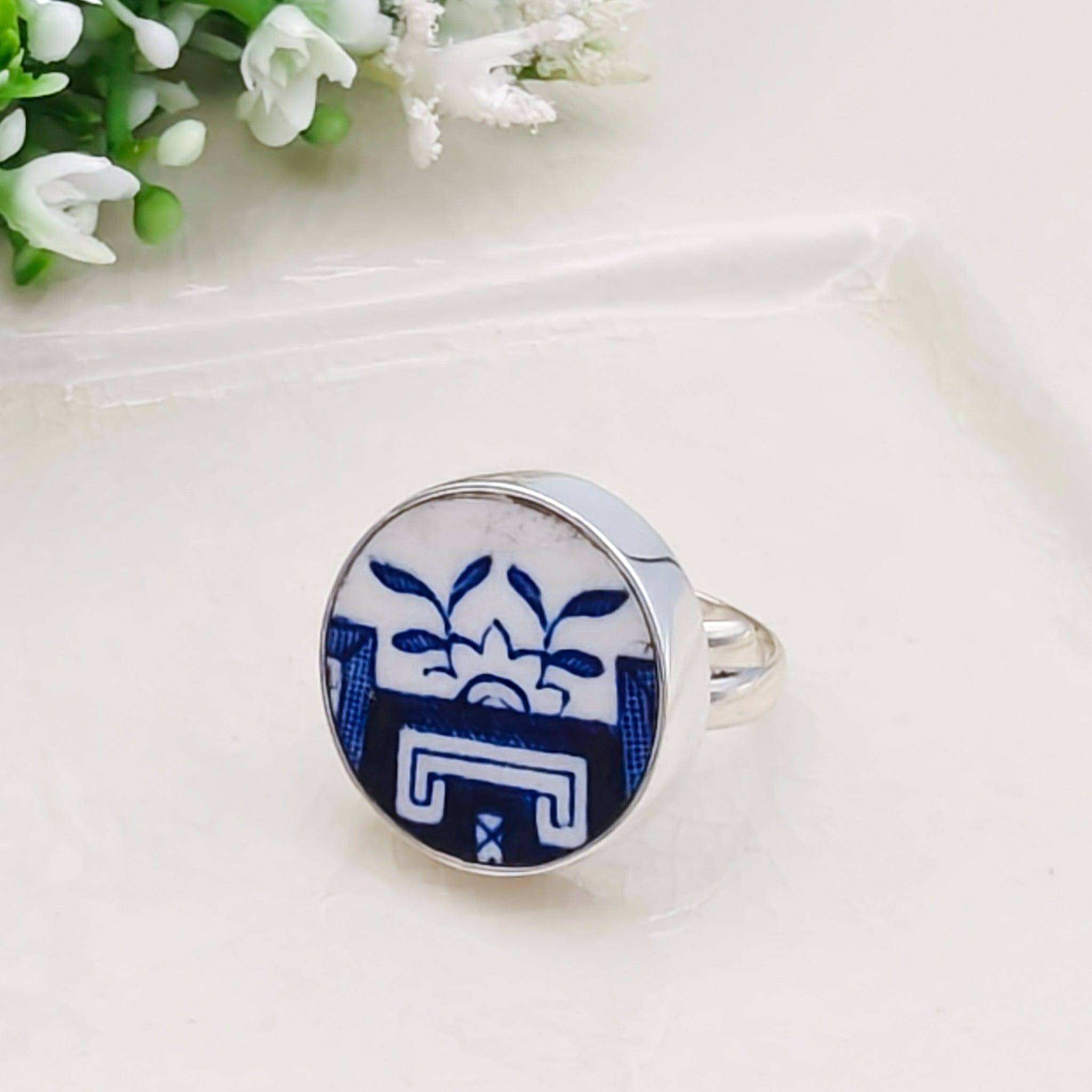 Hepburn and Hughes Minton Pottery Ring | Adjustable Band | 9th anniversary gift | Sterling Silver
