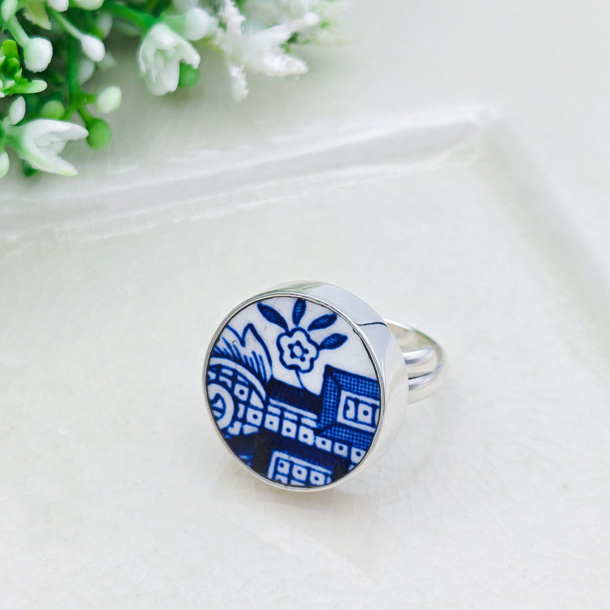 Hepburn and Hughes Minton Pottery Ring | Adjustable Band | 9th anniversary gift | Sterling Silver
