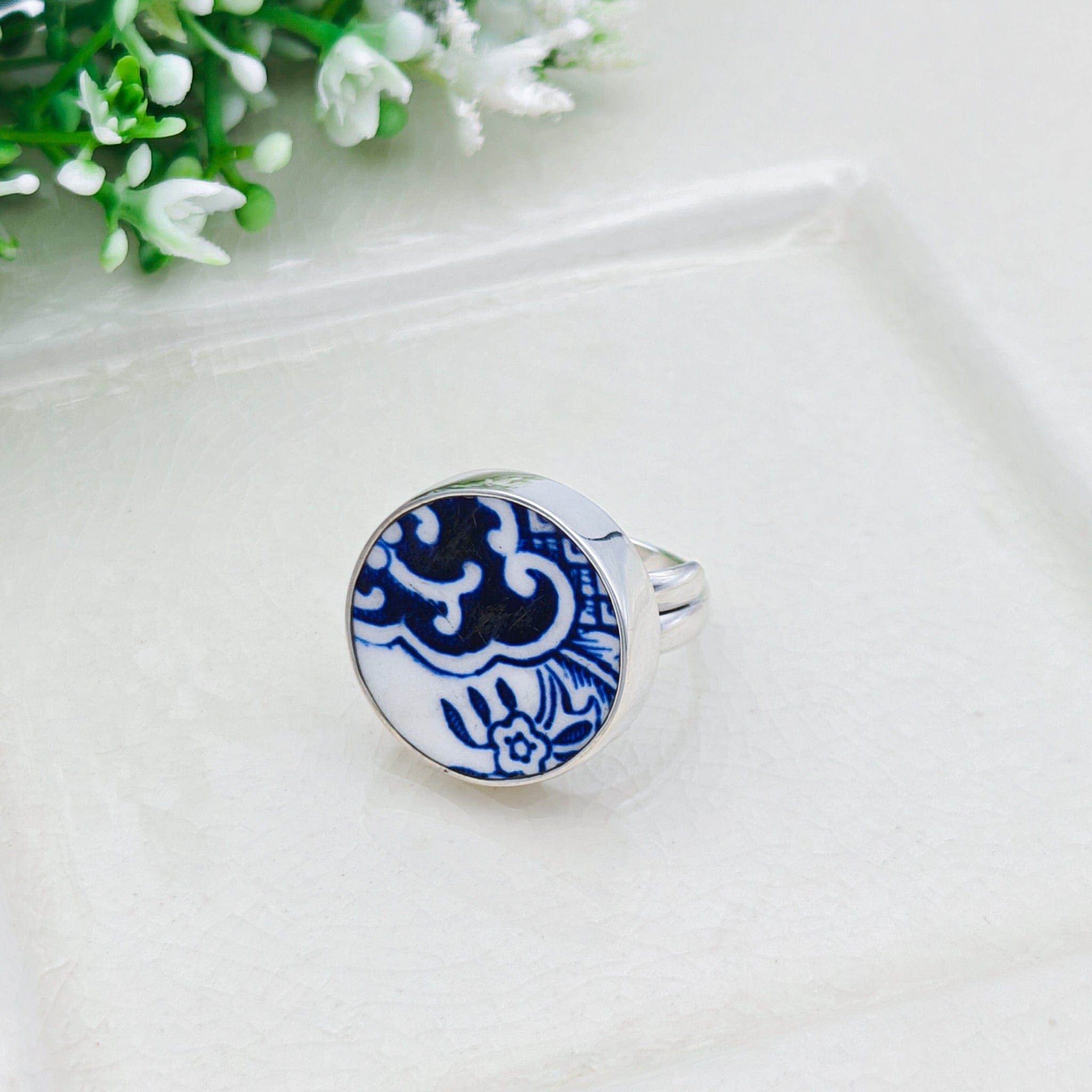 Hepburn and Hughes Minton Pottery Ring | Adjustable Band | 9th anniversary gift | Sterling Silver