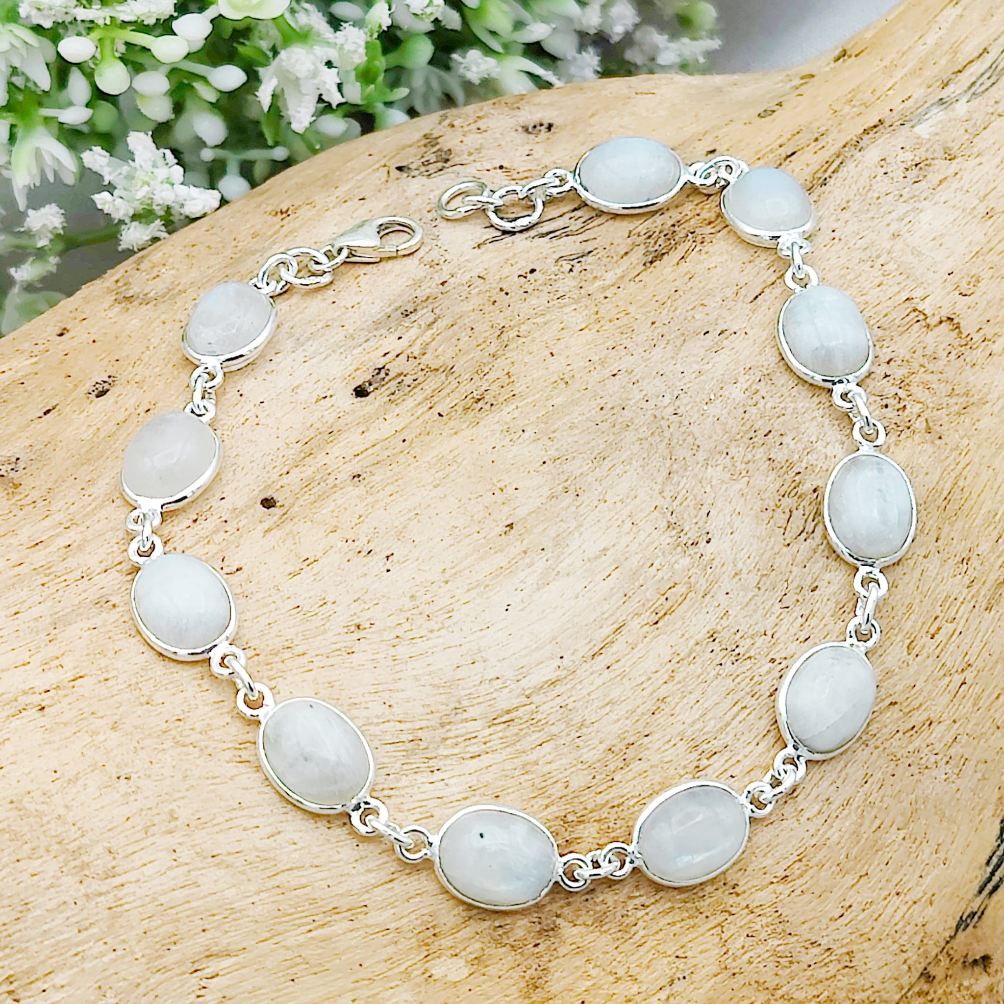 Hepburn and Hughes Moonstone Bracelet | 11 Gemstone Ovals | June Birthstone | Sterling Silver