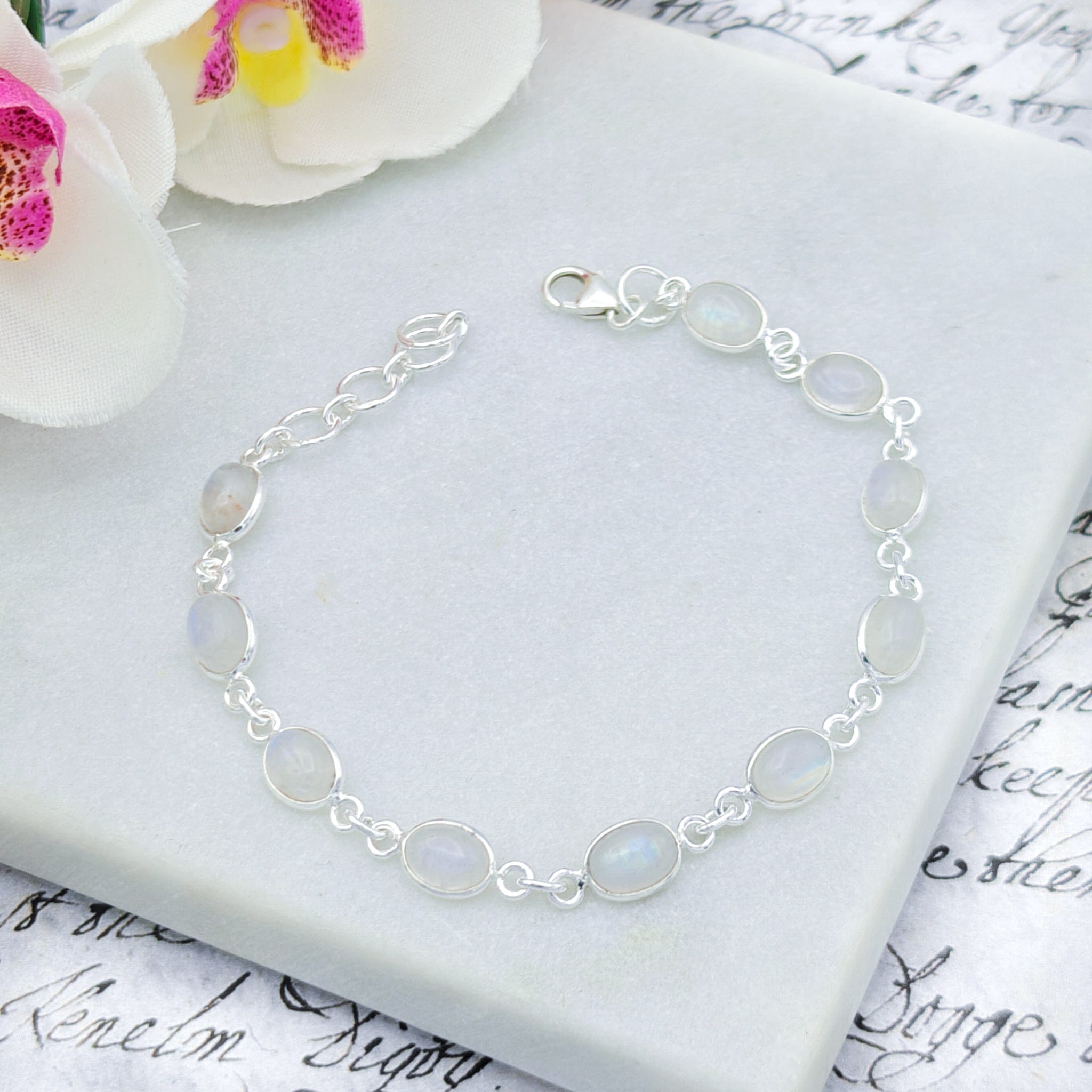 Hepburn and Hughes Moonstone Bracelet in Sterling Silver | 10 Oval Gemstones | June Birthstone