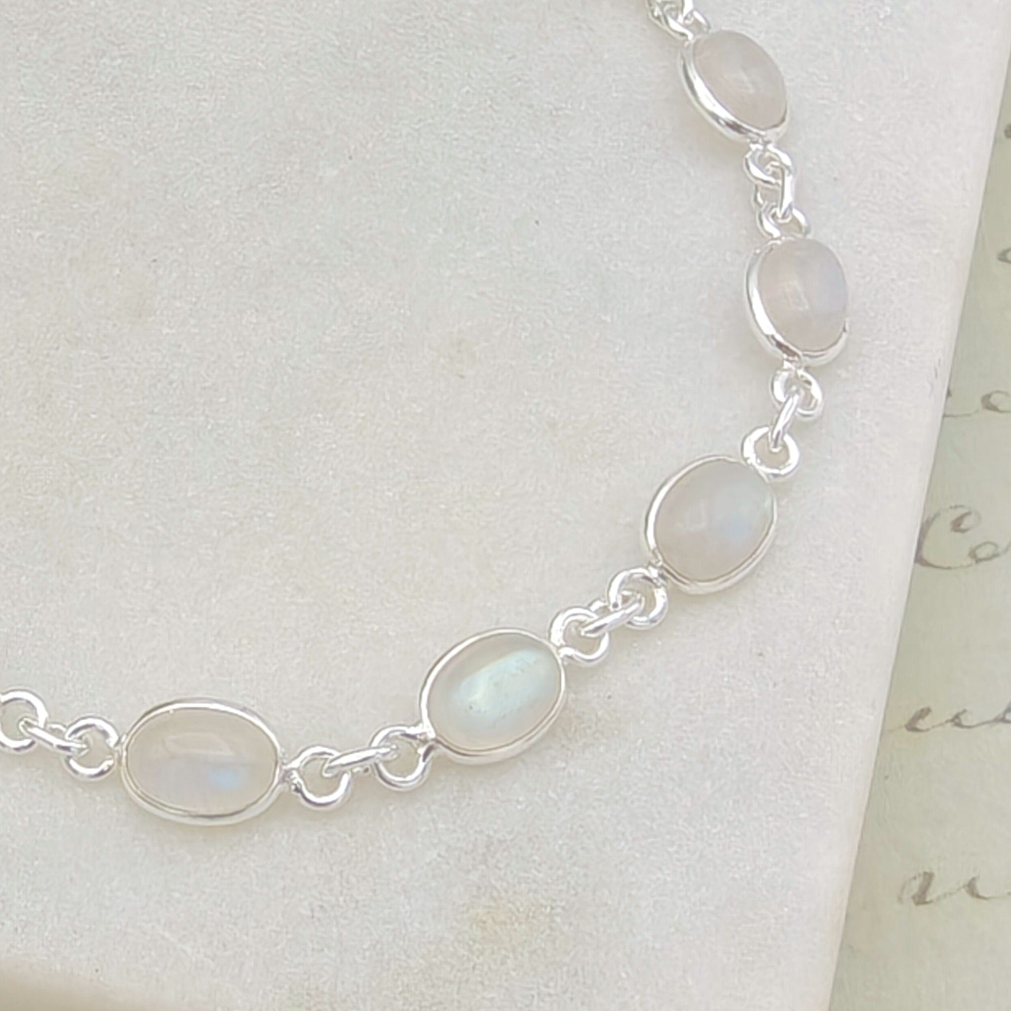 Hepburn and Hughes Moonstone Bracelet in Sterling Silver | 10 Oval Gemstones | June Birthstone