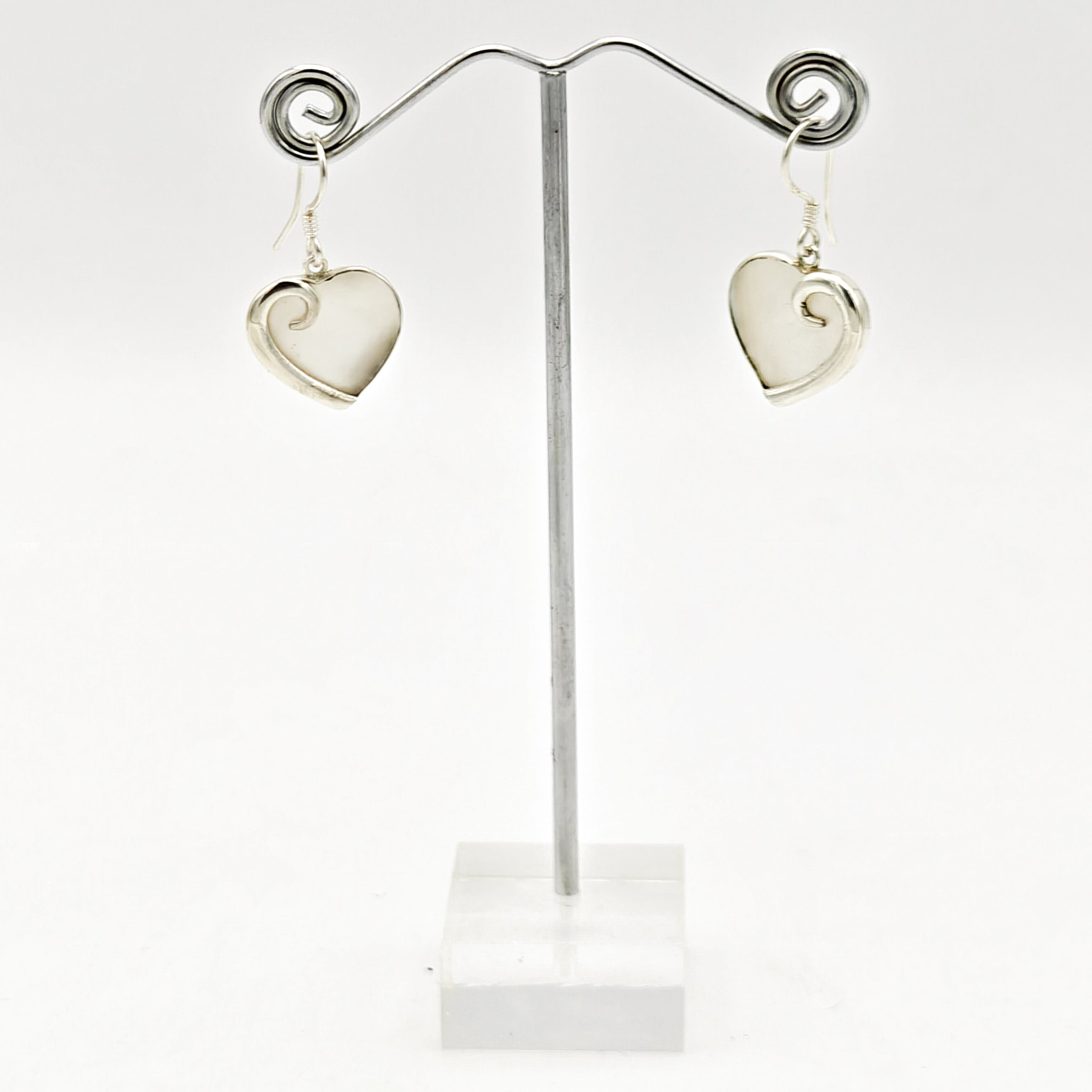 Hepburn and Hughes Mother of Pearl Hanging Heart Earrings in Sterling Silver | June Gift