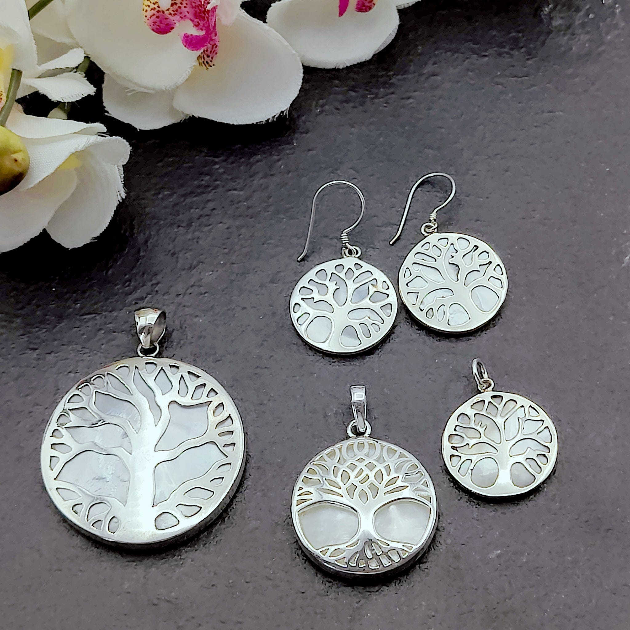 Hepburn and Hughes Mother of Pearl Pendant | 40mm Tree of Life Pendant | Sterling Silver | Free chain