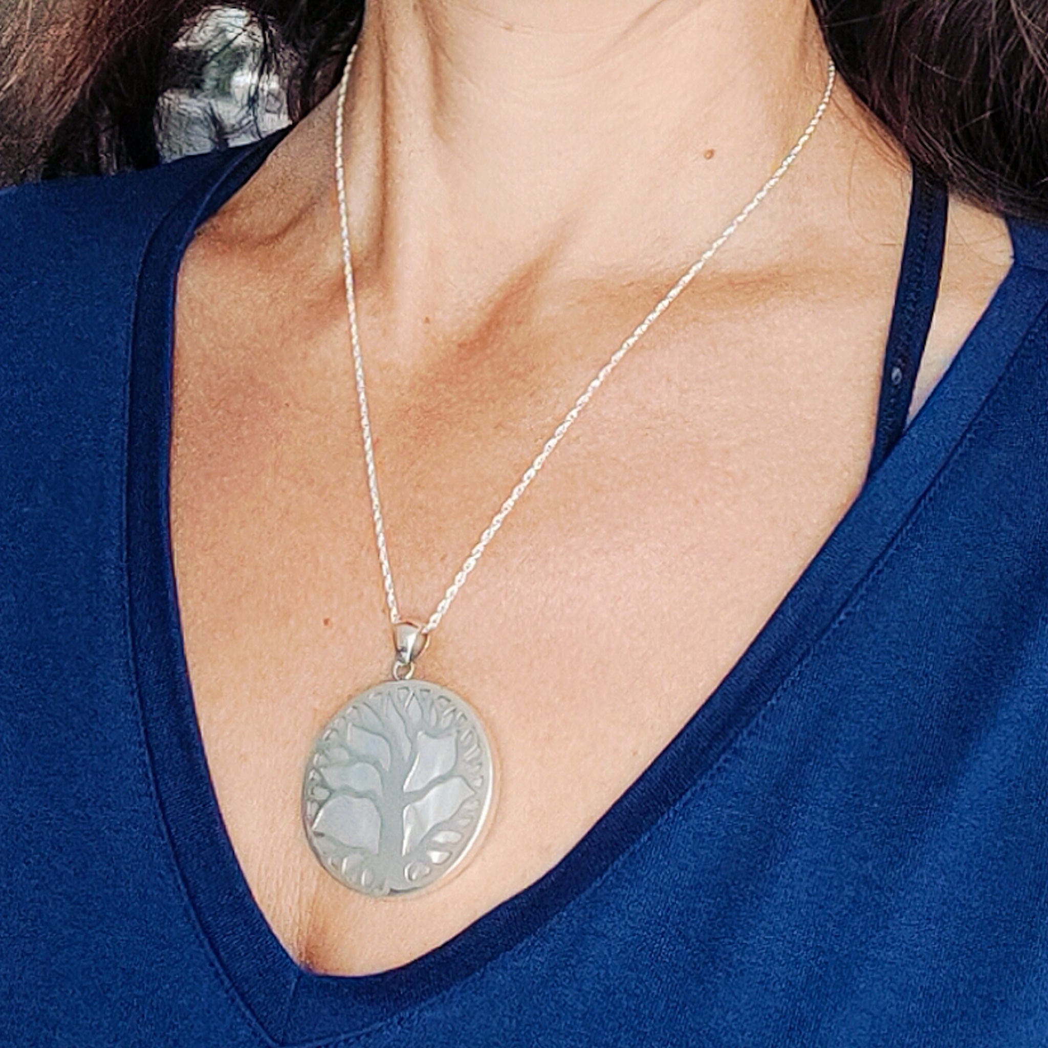 Hepburn and Hughes Mother of Pearl Pendant | 40mm Tree of Life Pendant | Sterling Silver