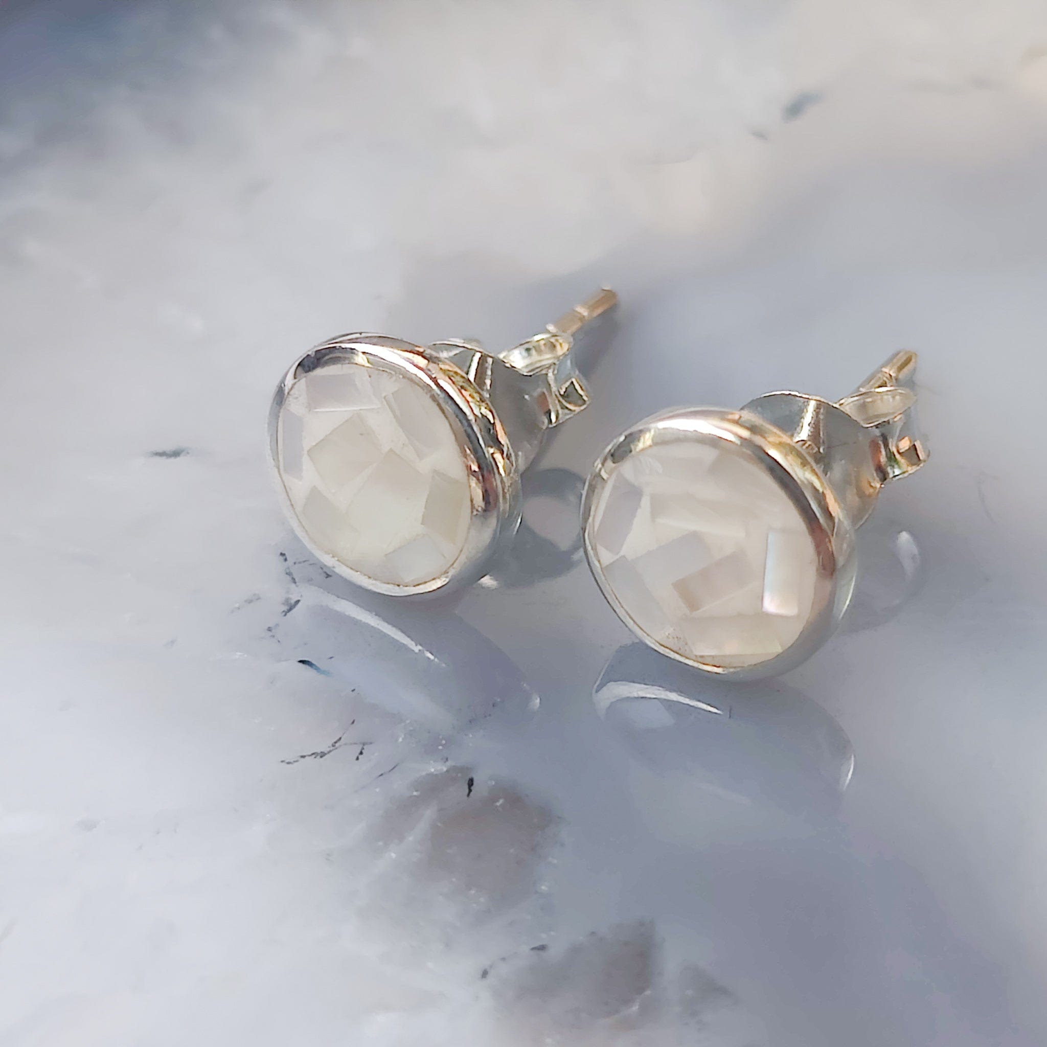 Hepburn and Hughes Mother of Pearl Round Earrings | June Birthstone | Sterling Silver