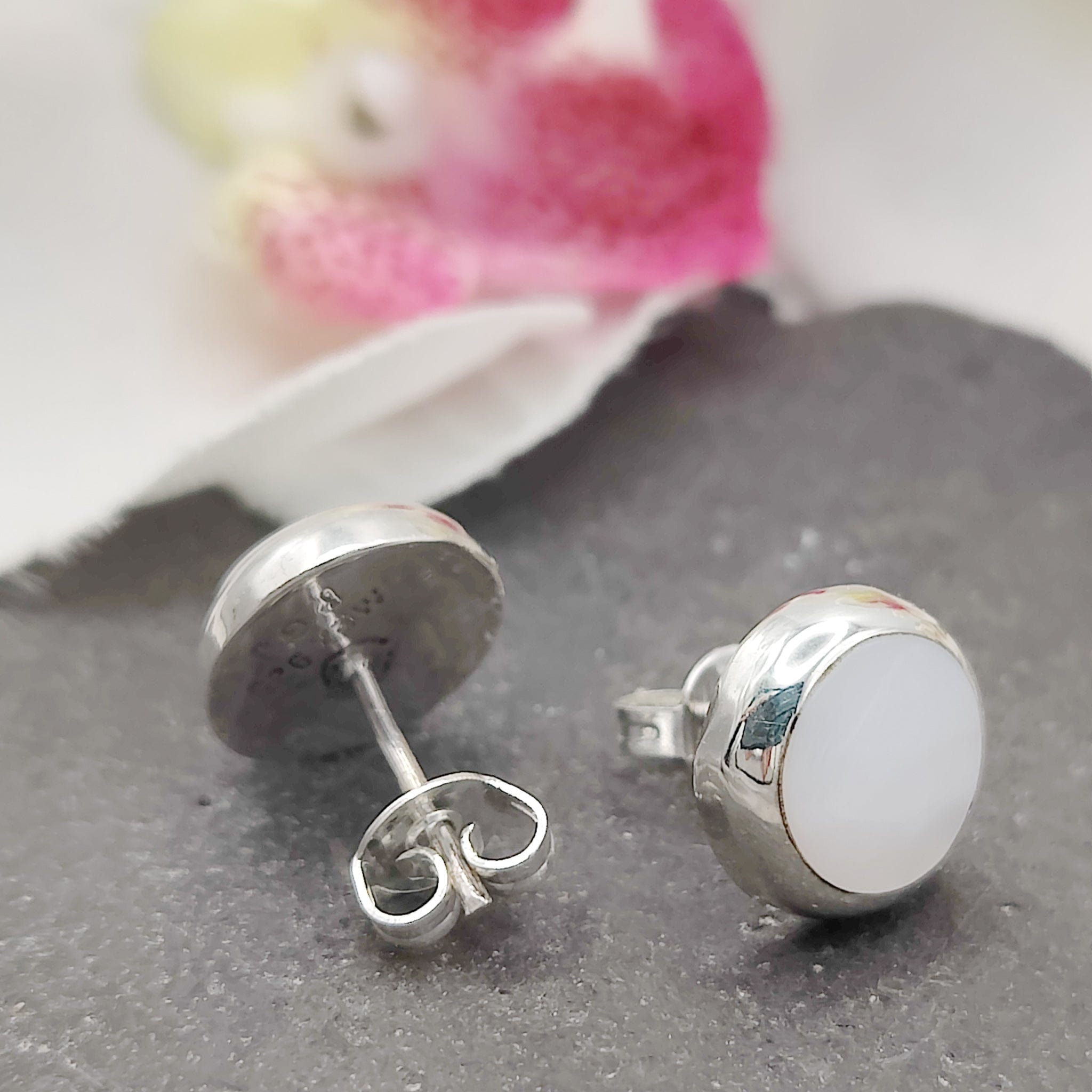 Hepburn and Hughes Mother of Pearl Round Earrings | June Birthstone | Sterling Silver