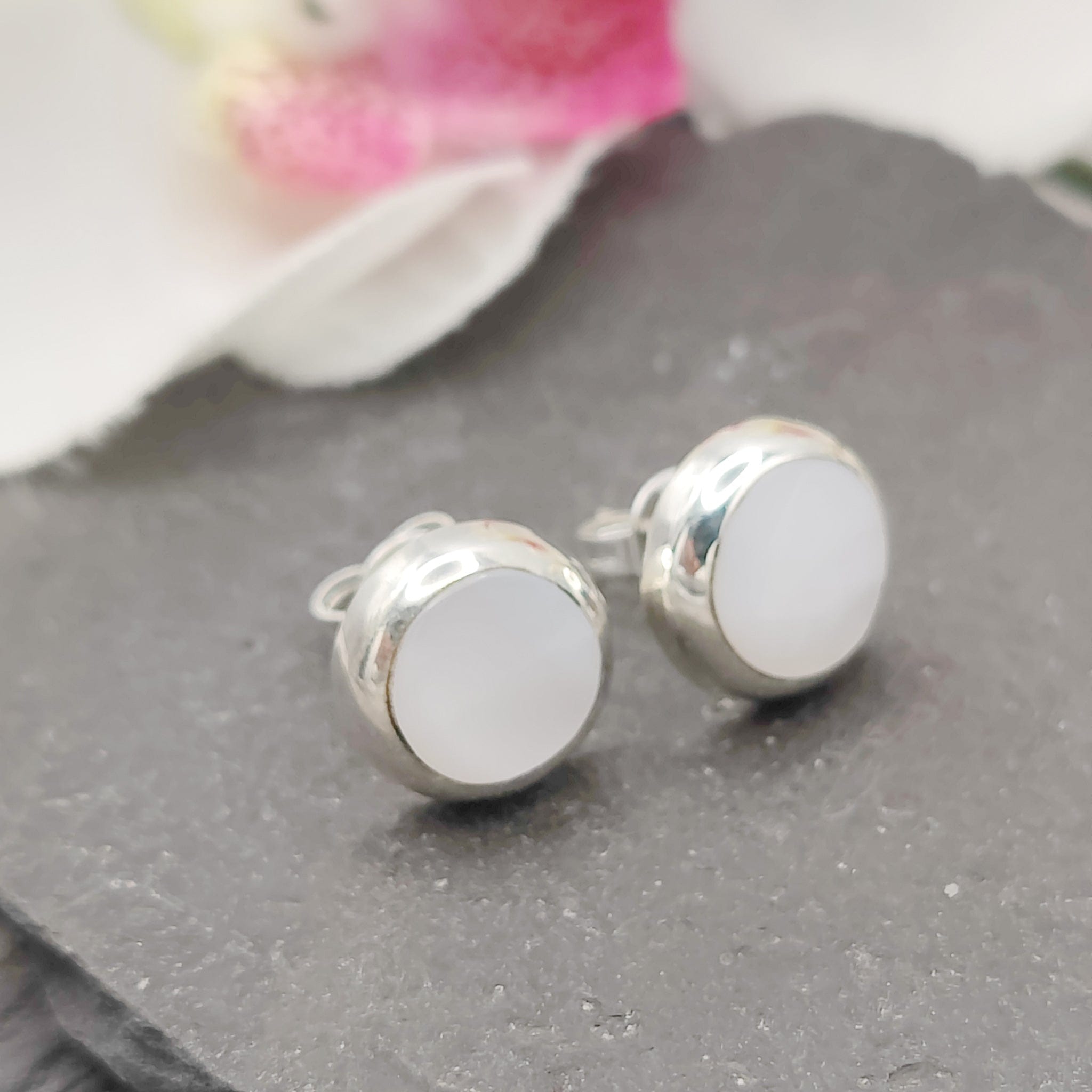 Hepburn and Hughes Mother of Pearl Round Earrings | June Birthstone | Sterling Silver