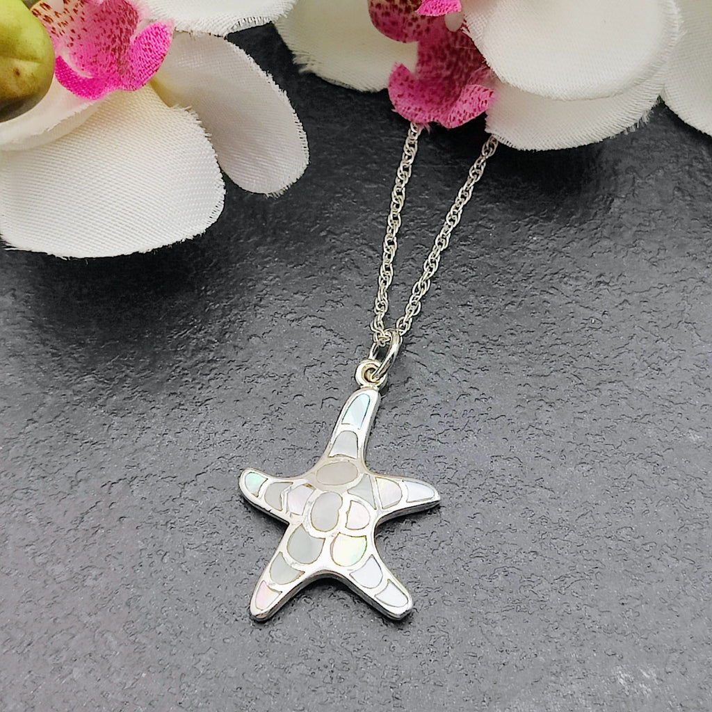Hepburn and Hughes Mother of Pearl Small Starfish Pendant | White Mosaic | Sterling Silver