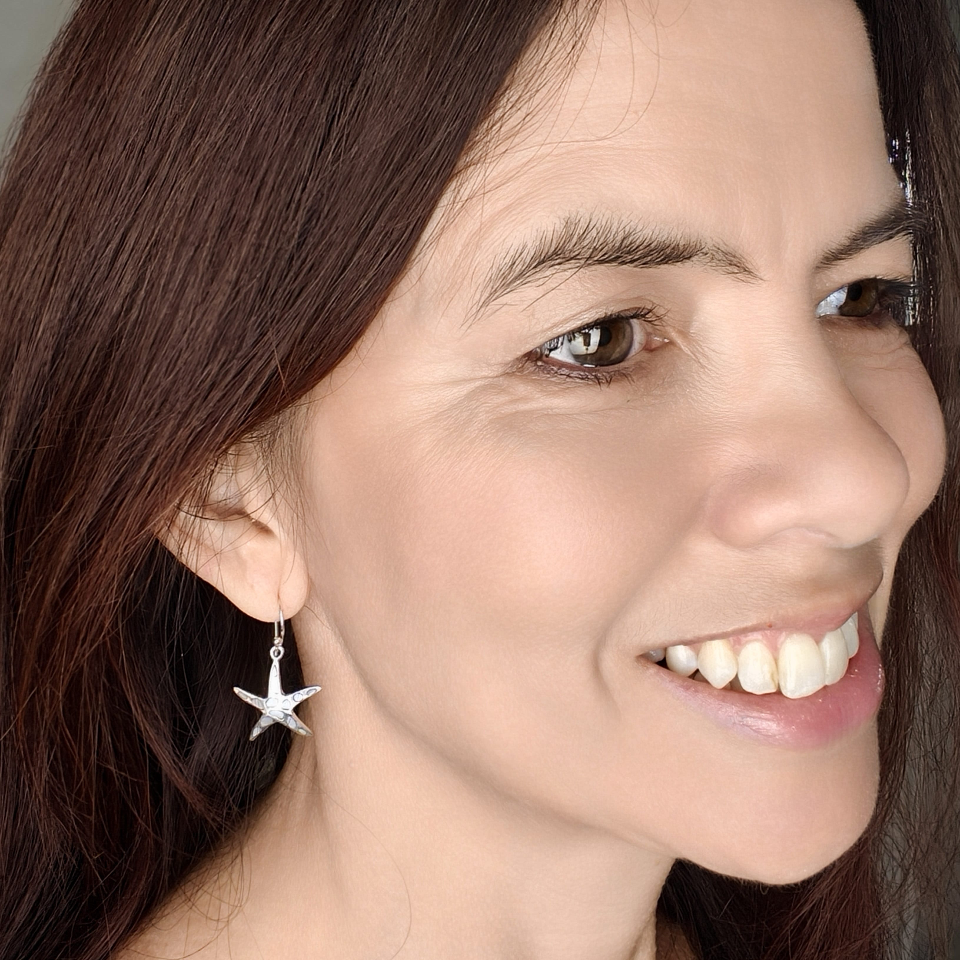 Hepburn and Hughes Mother of Pearl Starfish Drop Earrings | June Birthday | Sterling Silver
