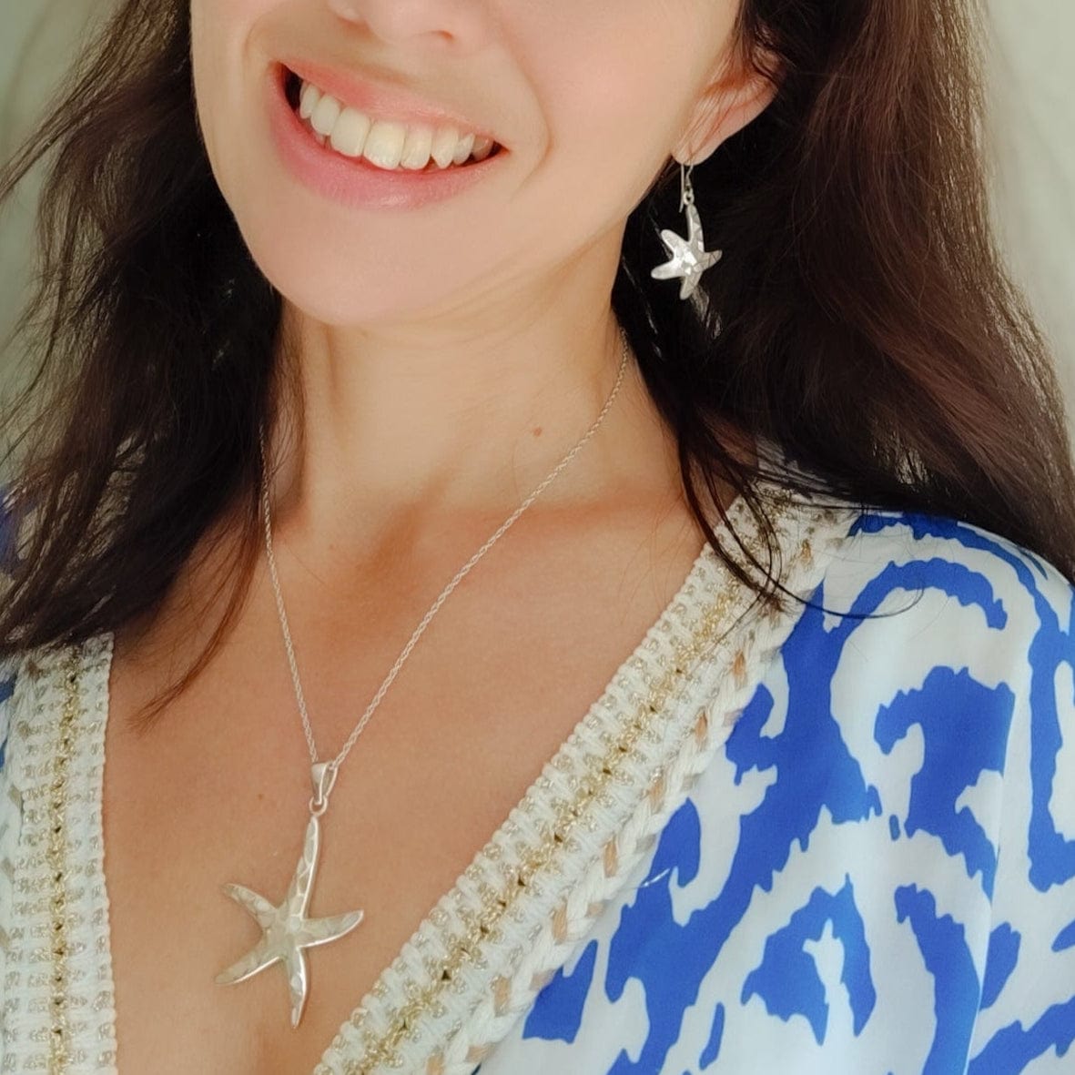 Hepburn and Hughes Mother of Pearl Starfish Drop Earrings | White Mosaic | Sterling Silver