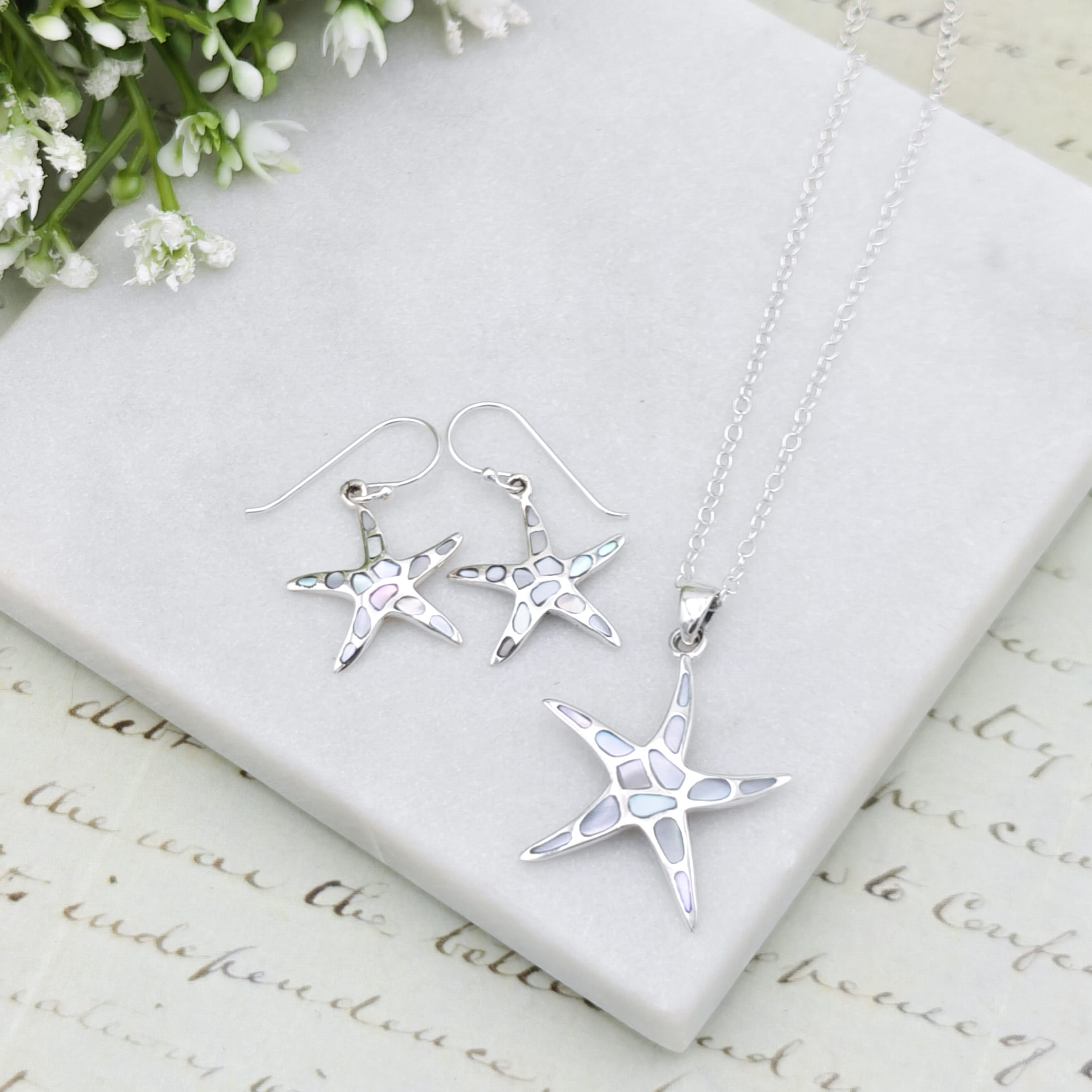 Hepburn and Hughes Mother of Pearl Starfish Drop Earrings | White Mosaic | Sterling Silver