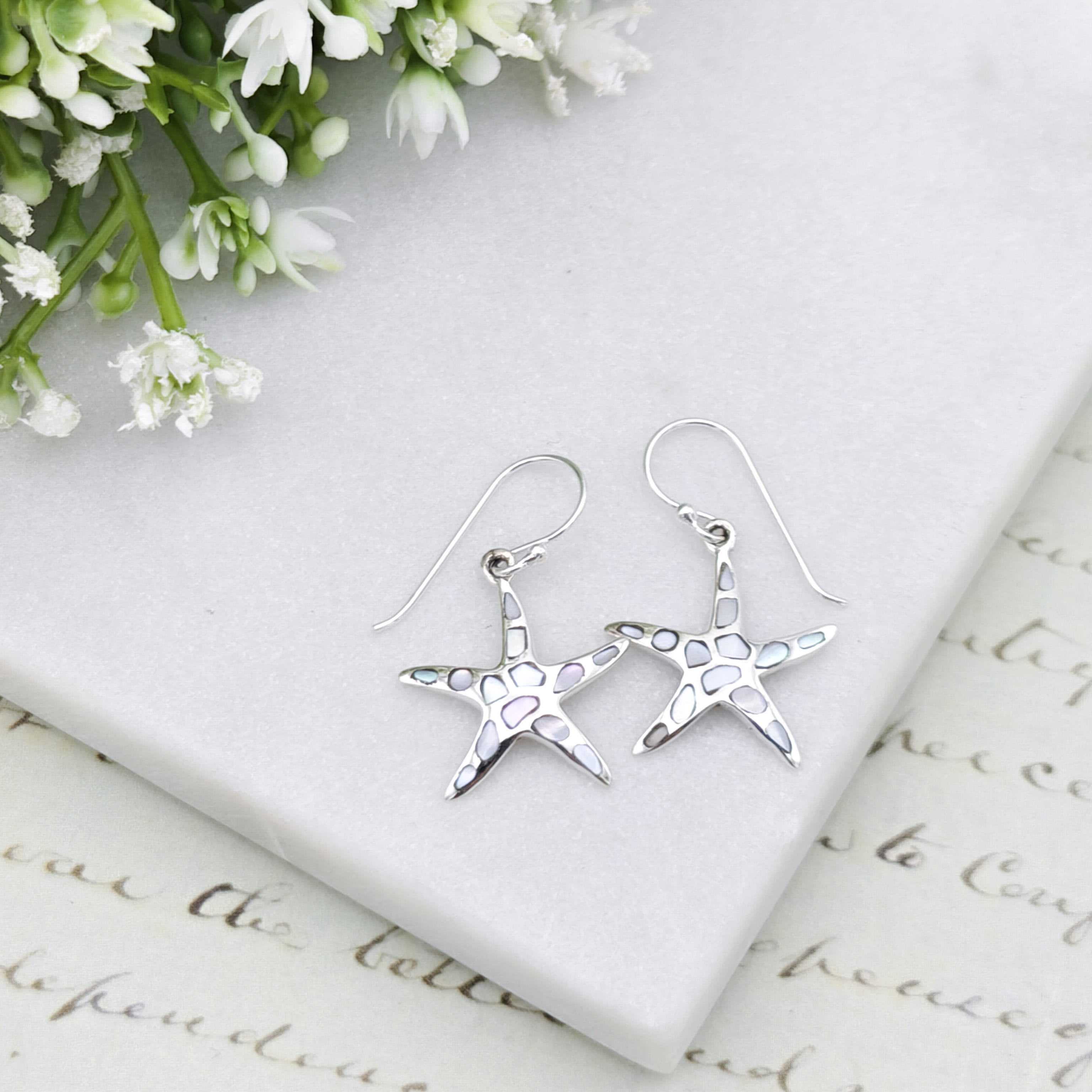 Hepburn and Hughes Mother of Pearl Starfish Drop Earrings | White Mosaic | Sterling Silver