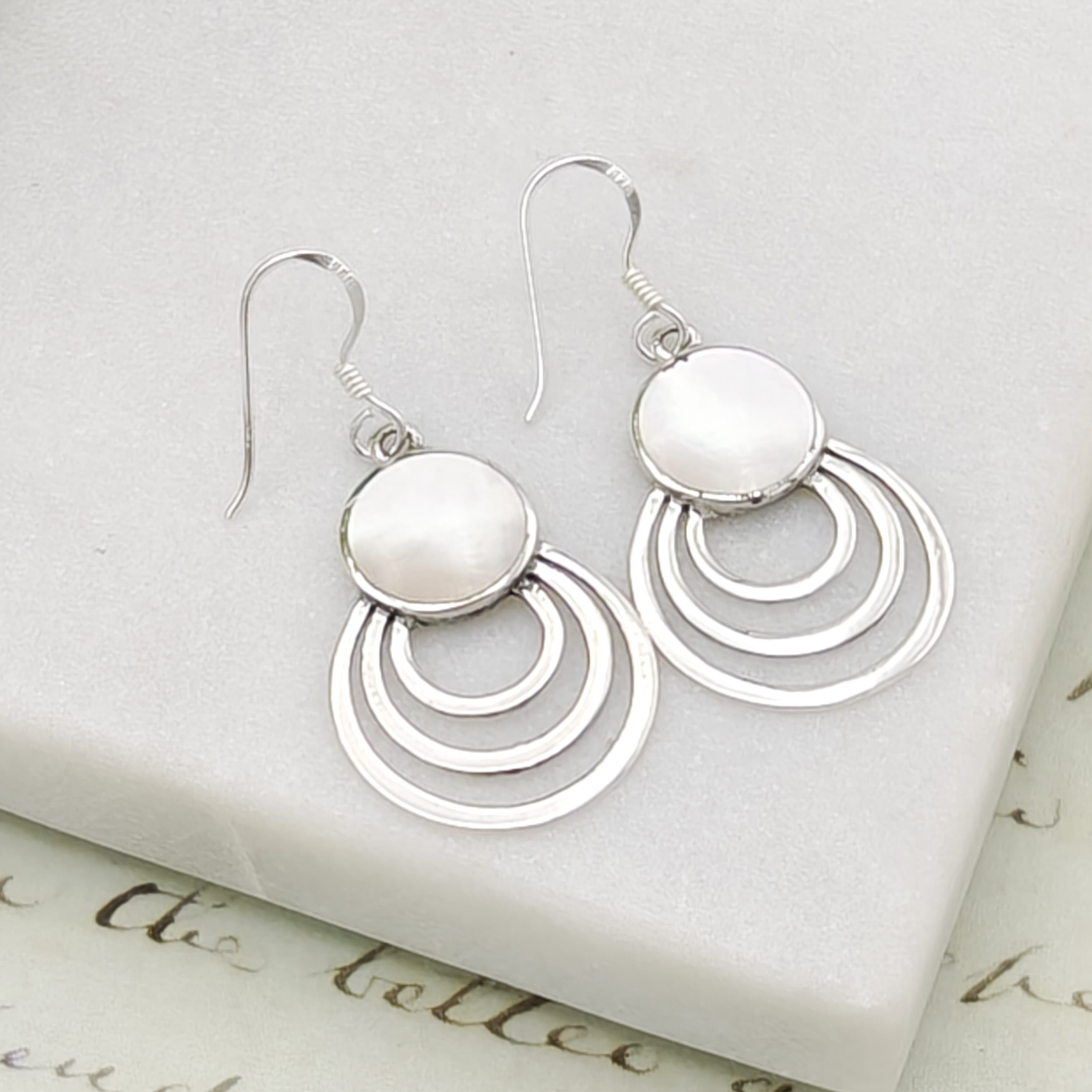 Hepburn and Hughes Mother of Pearl Three Circle Sterling Silver Earrings | June Gift