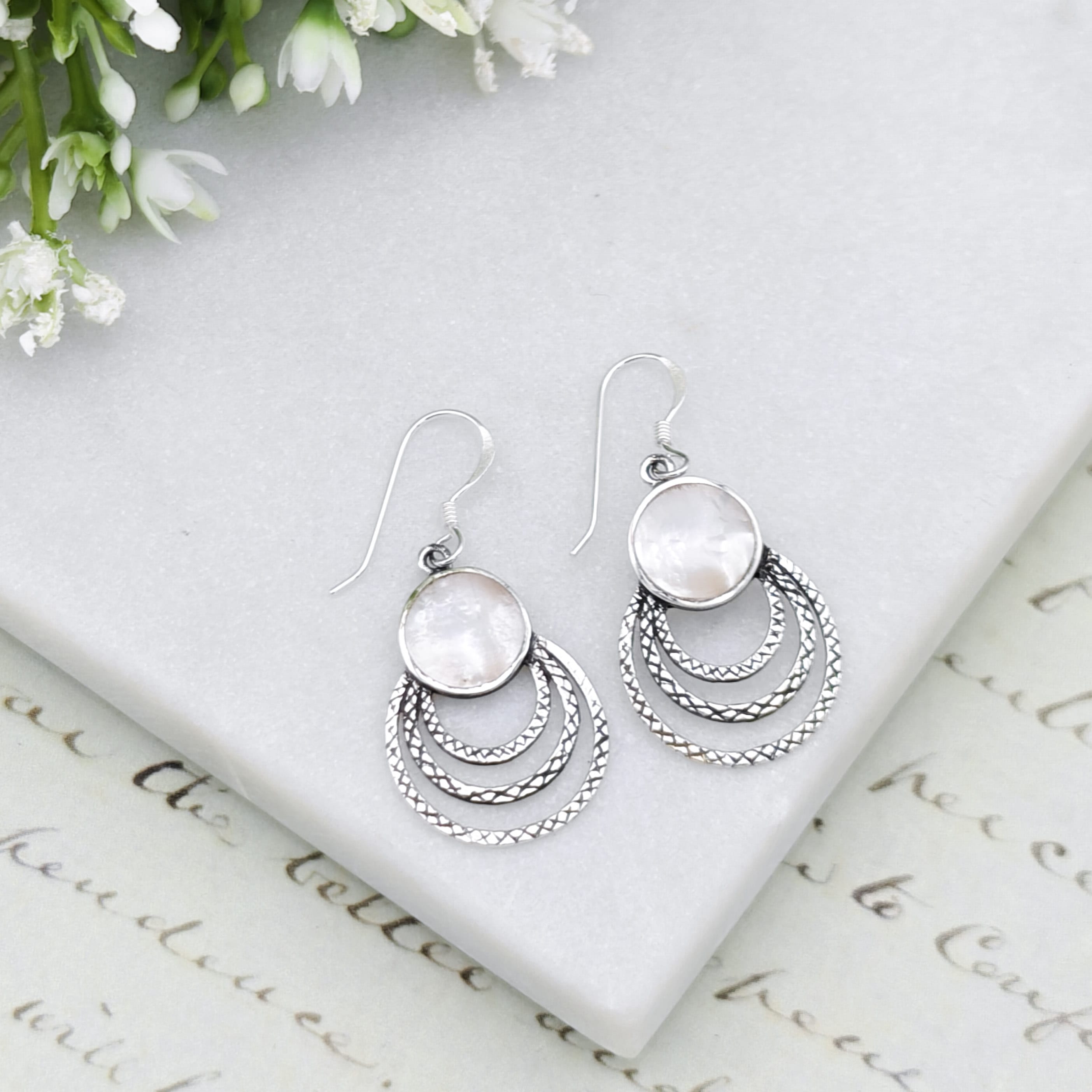 Hepburn and Hughes Mother of Pearl Three Circle Sterling Silver Earrings | June Gift
