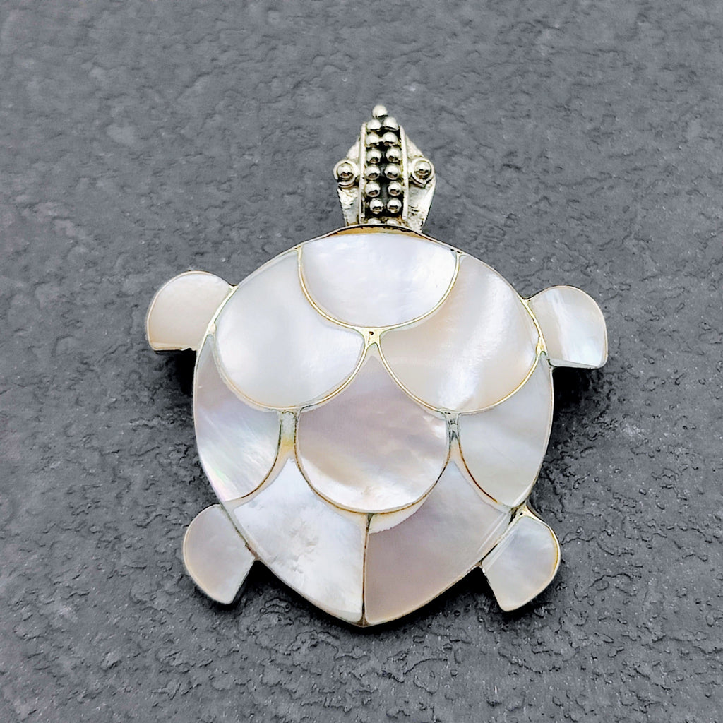 Hepburn and Hughes Mother of Pearl Turtle Pendant And Earrings Set | Reversible brooch | Sterling Silver