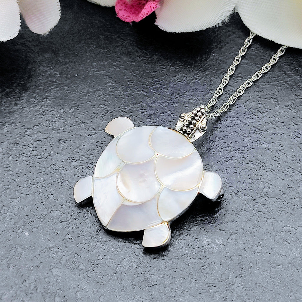 Hepburn and Hughes Mother of Pearl Turtle Pendant | White Mosaic | Sterling Silver