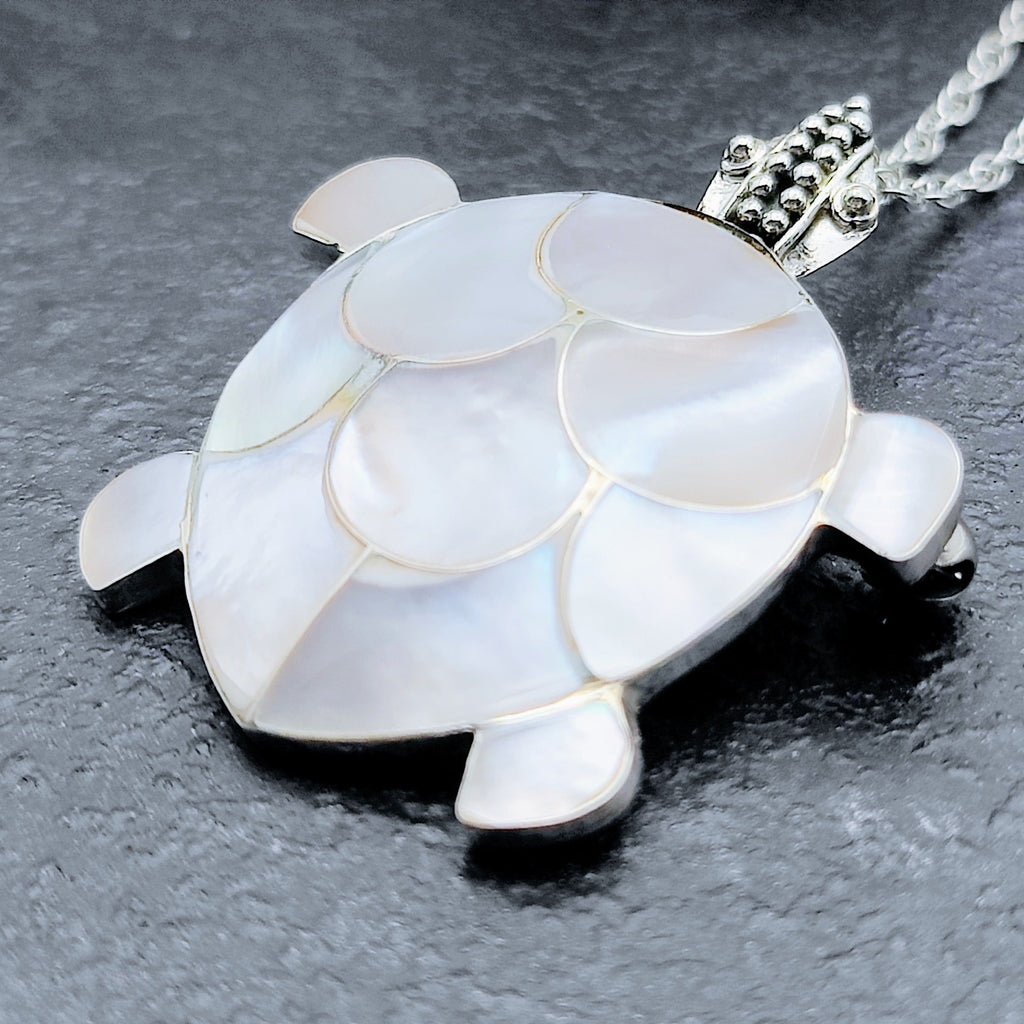 Hepburn and Hughes Mother of Pearl Turtle Pendant | White Mosaic | Sterling Silver