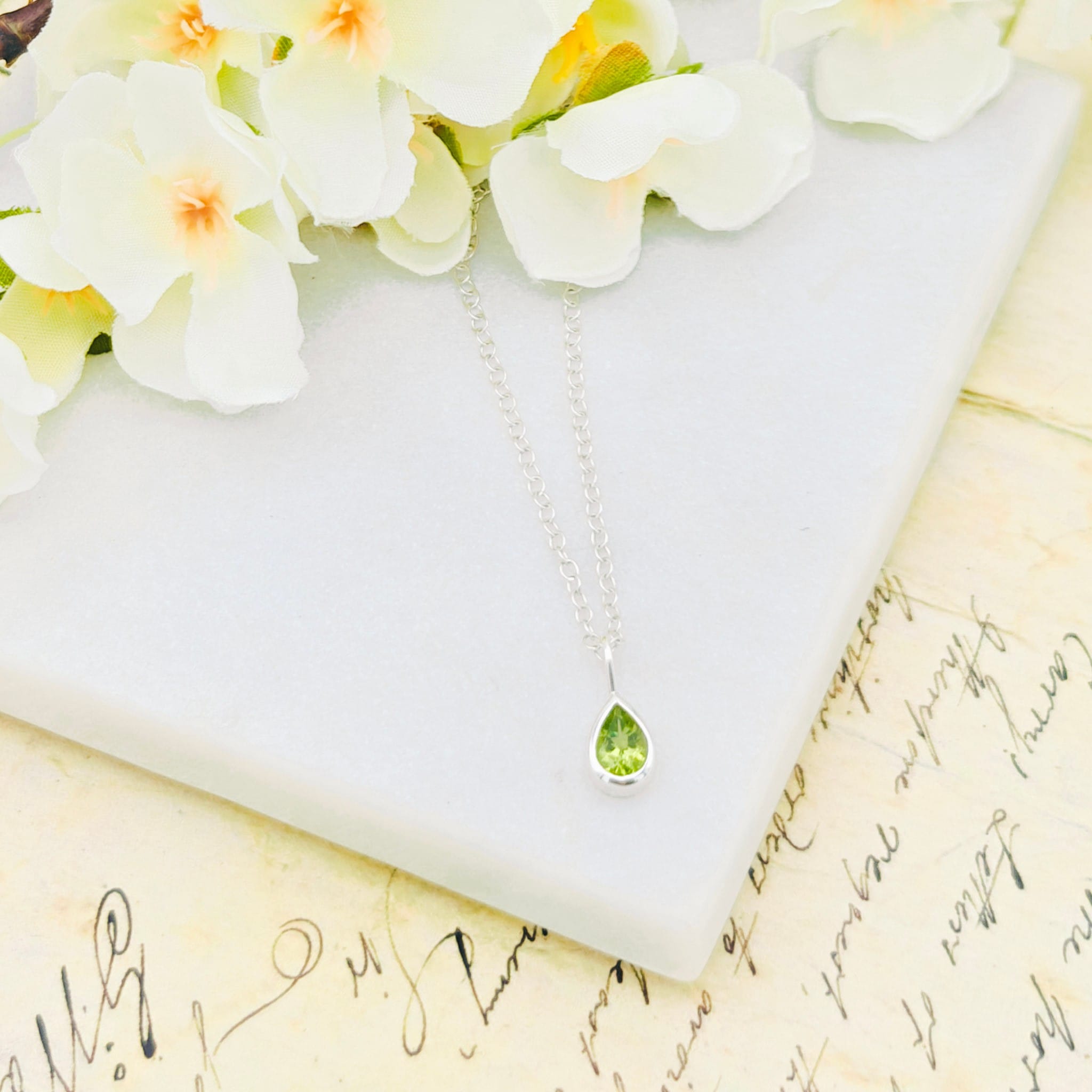 Hepburn & Hughes Ltd Peridot Pendant | 8mm Teardrop | August Birthstone | Sterling Silver
