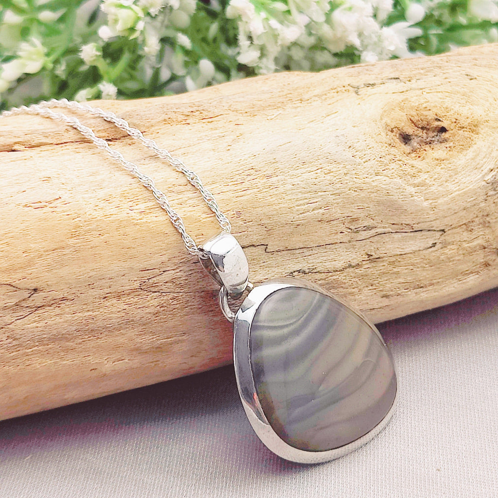 Hepburn and Hughes Polish Flint Abstract Pendant | Unique Gemstone Gift | Sterling Silver